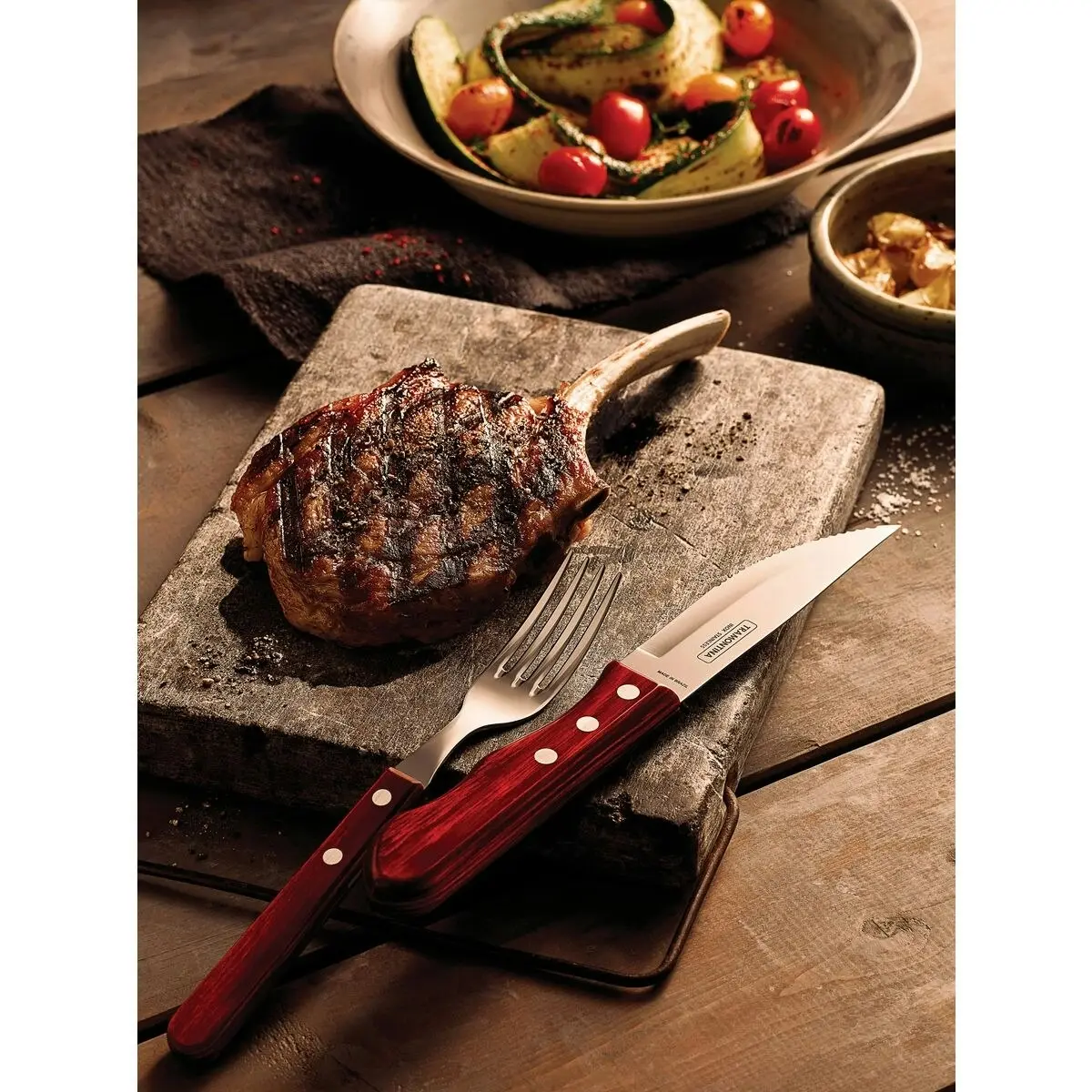 Tramontina 4-Piece Jumbo Steak Kinife Set Stainless-Steel and Treated Red Polywood handles