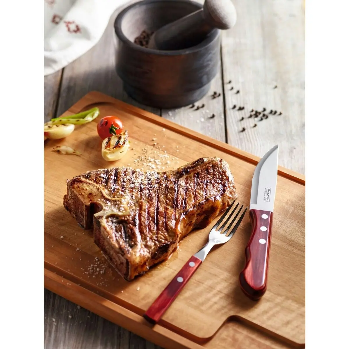 Tramontina 4-Piece Jumbo Steak Kinife Set Stainless-Steel and Treated Red Polywood handles