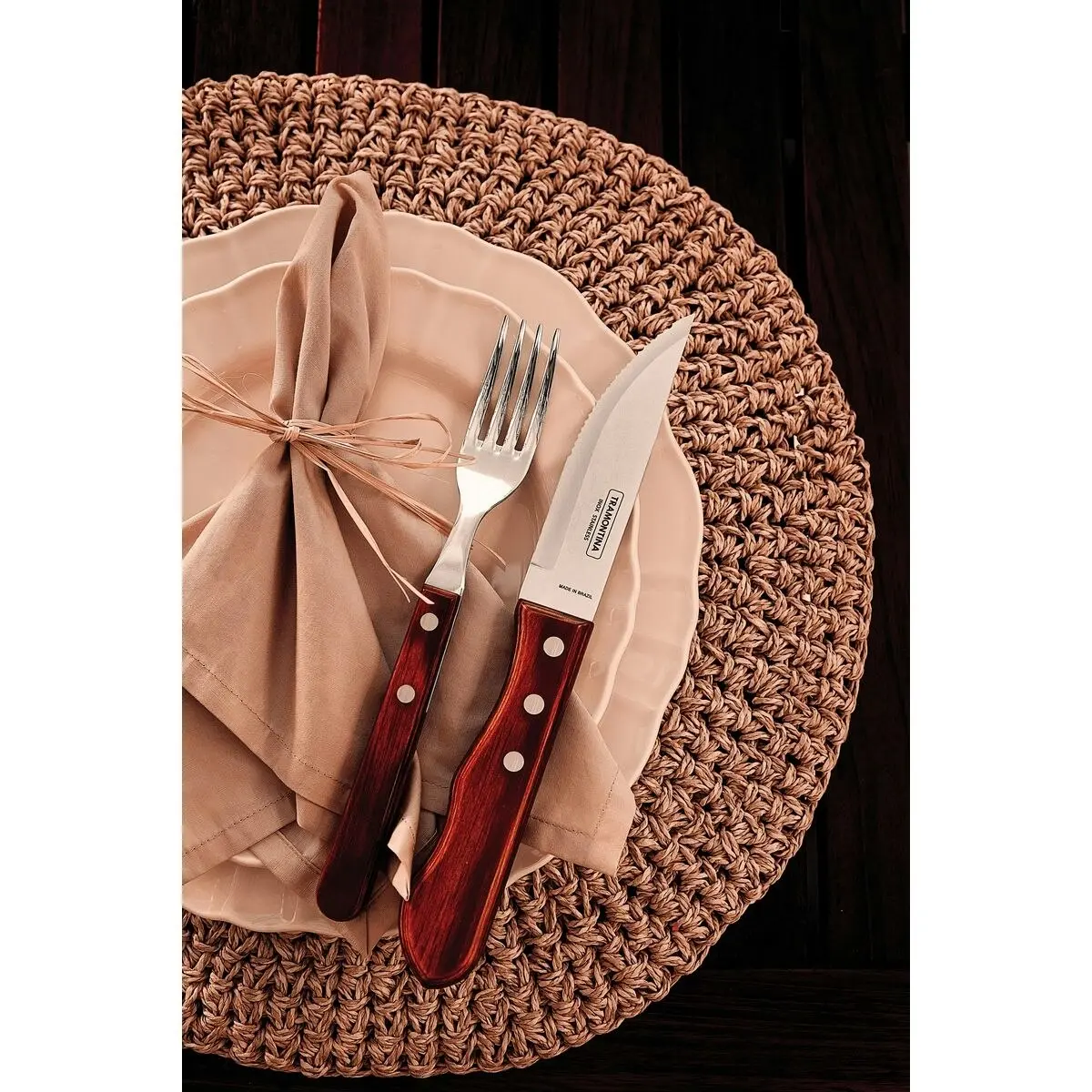 Tramontina 4-Piece Jumbo Steak Kinife Set Stainless-Steel and Treated Red Polywood handles