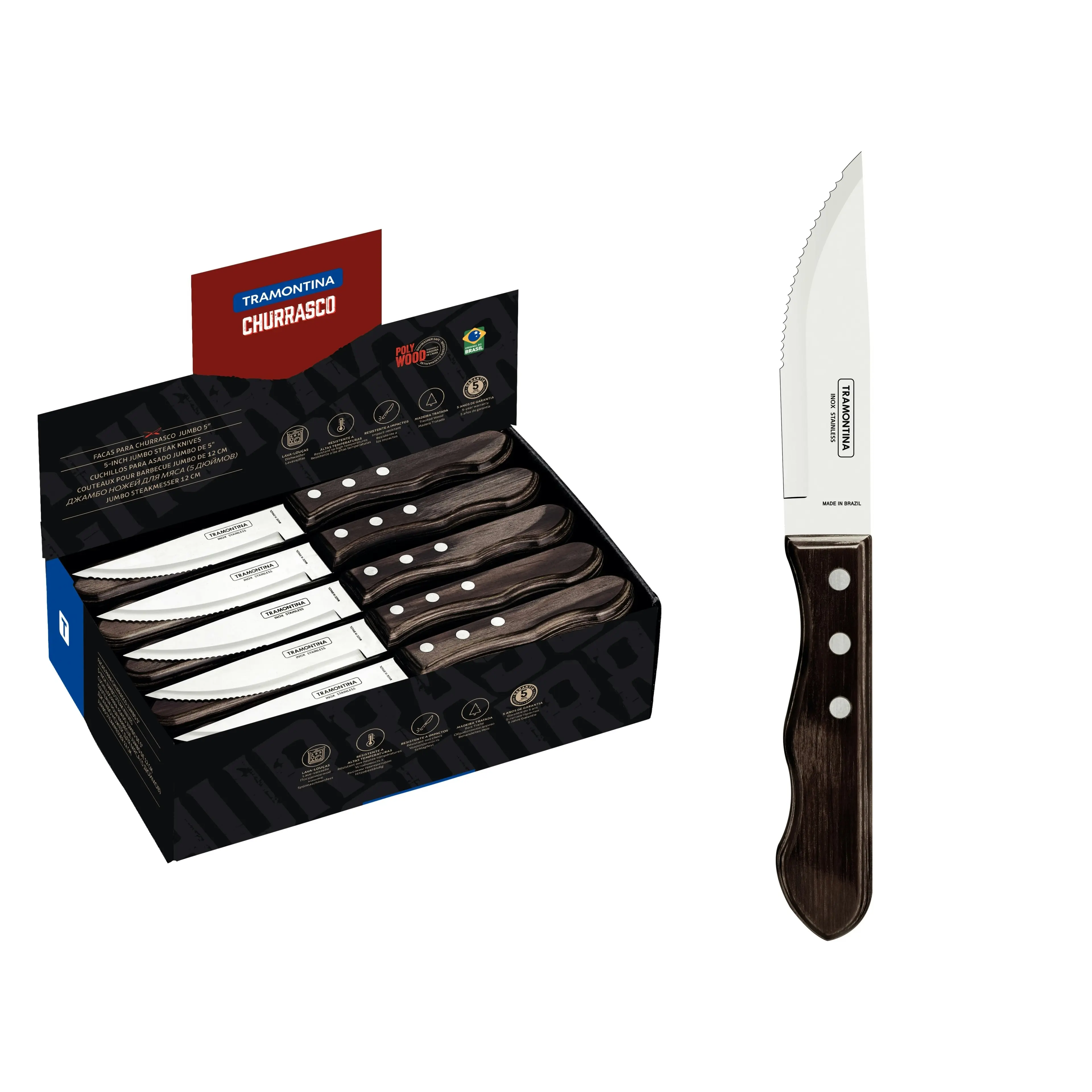 Tramontina Jumbo Steak Knife with Stainless-Steel Blade and Treated Brown Polywood Handle 5"