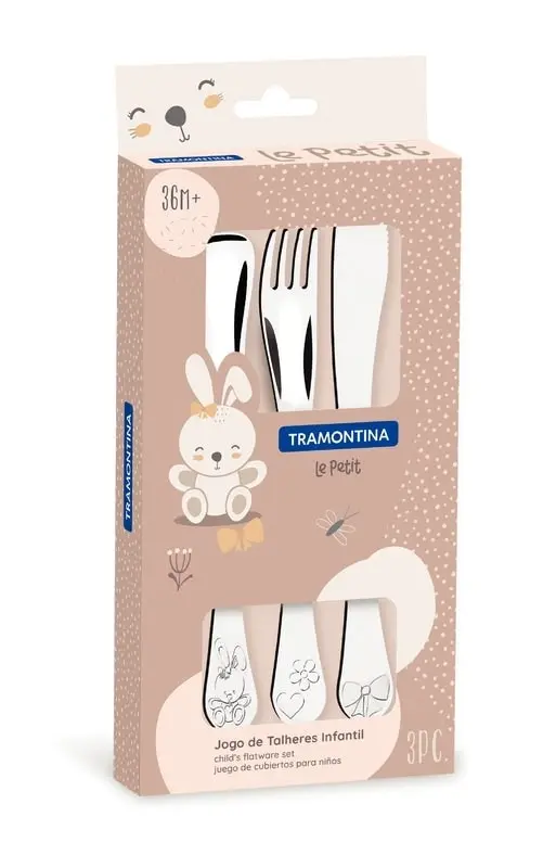 Tramontina Le Petit stainless steel children's flatware set for girls with high-gloss finish and relief pattern, 3 pieces