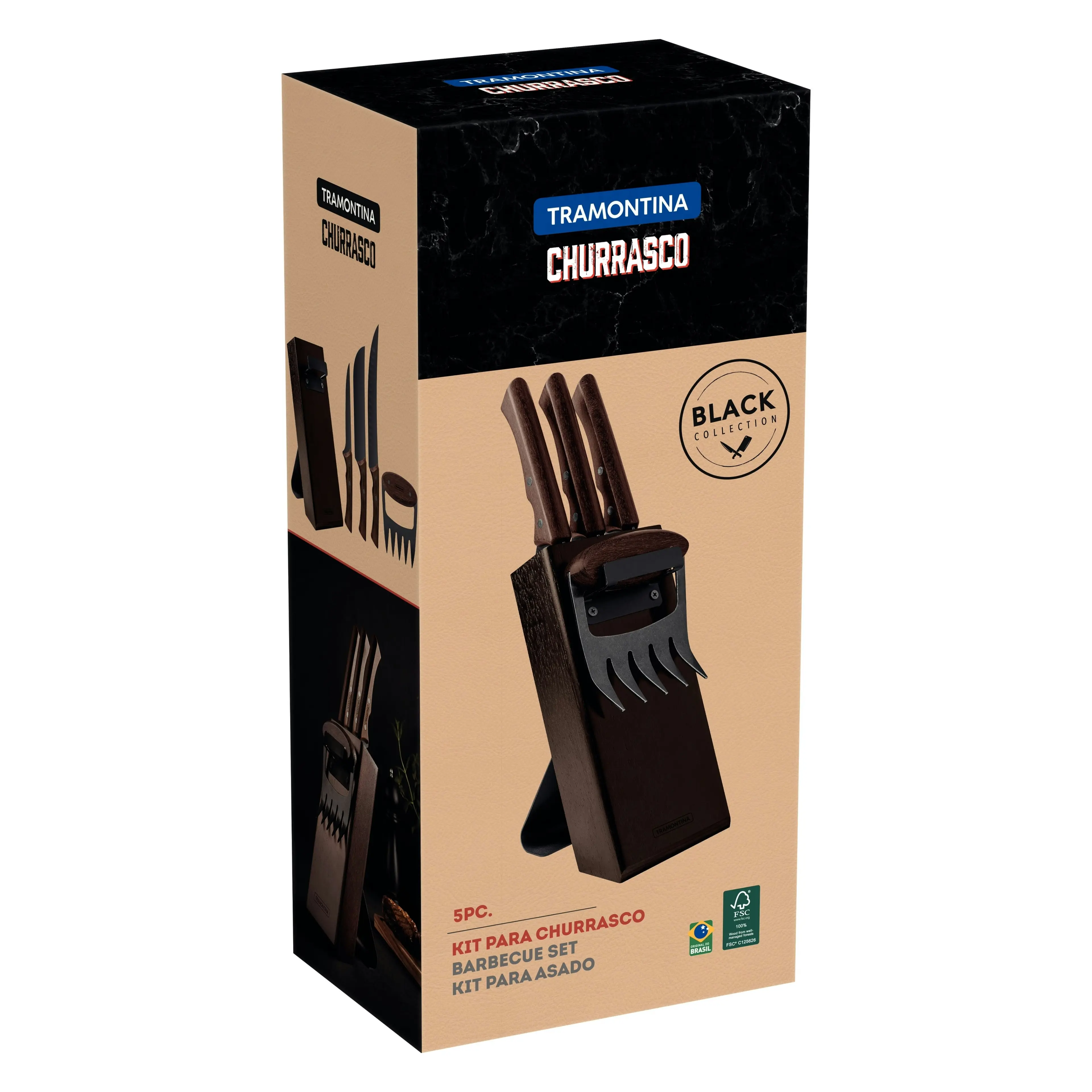 Tramontina Churrasco Black 5-piece barbecue set with a wood block