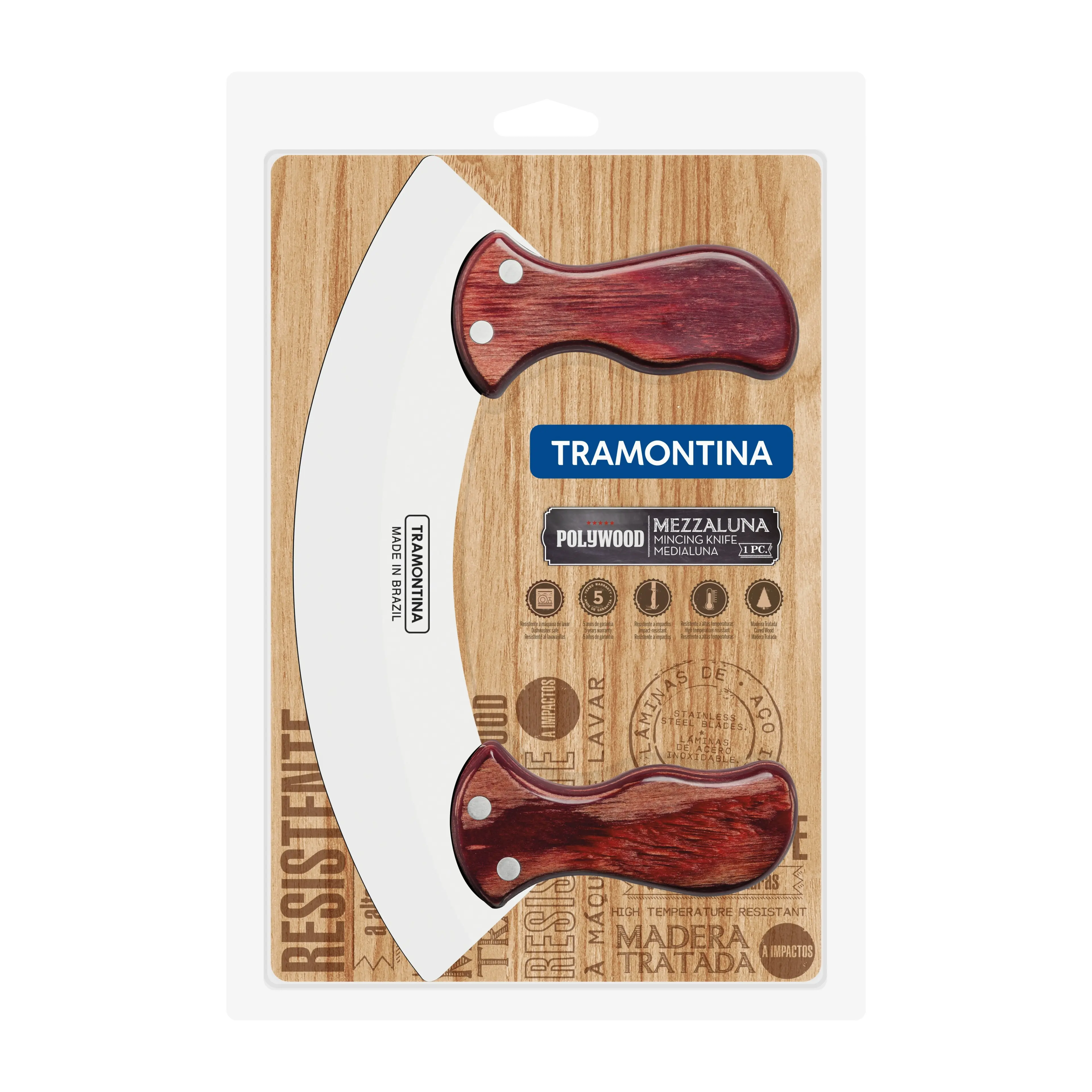 Tramontina Polywood Mezzaluna with Stainless-Steel Blade and Red Treated Wood Handles