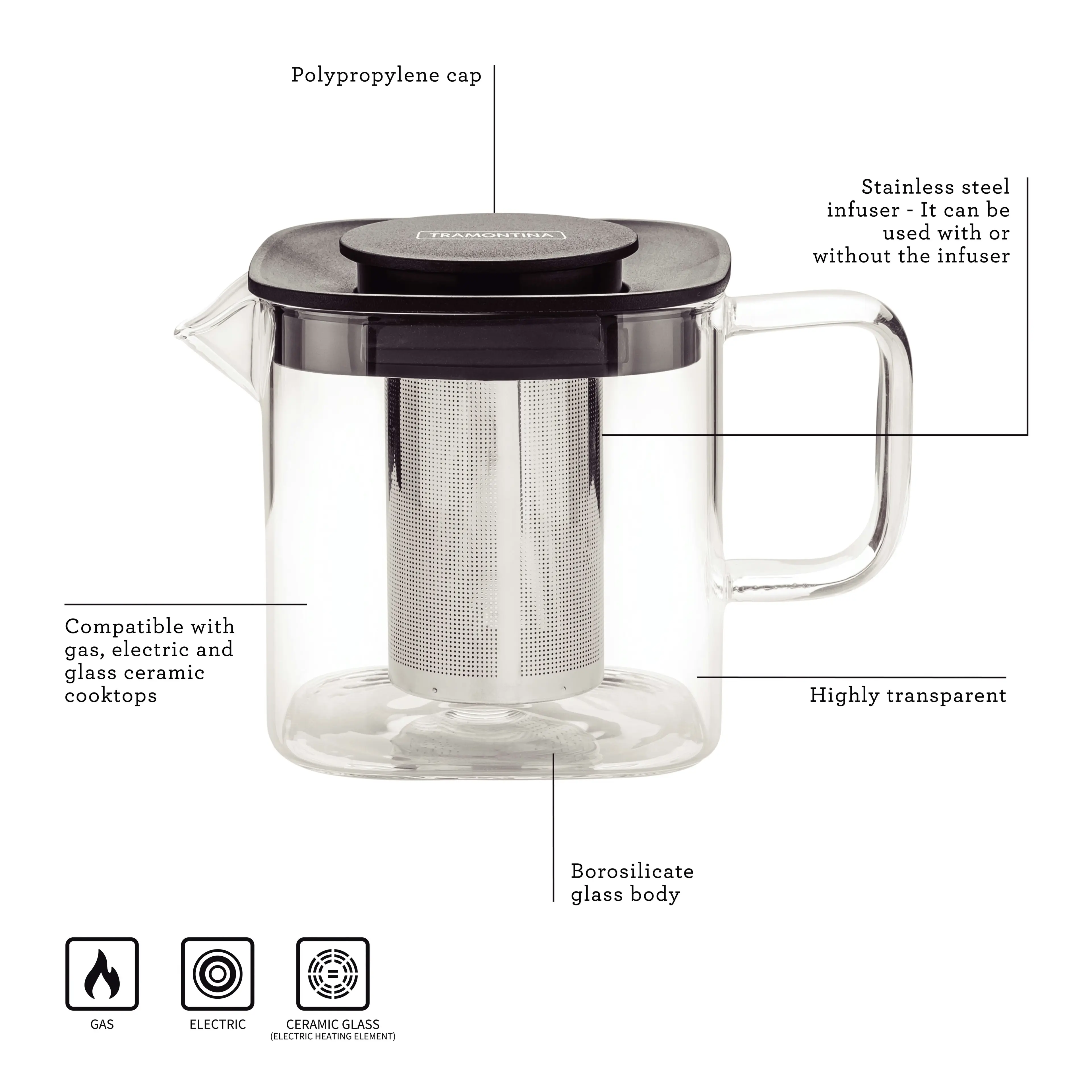 Tramontina glass and stainless steel teapot with infuser, 600 ml