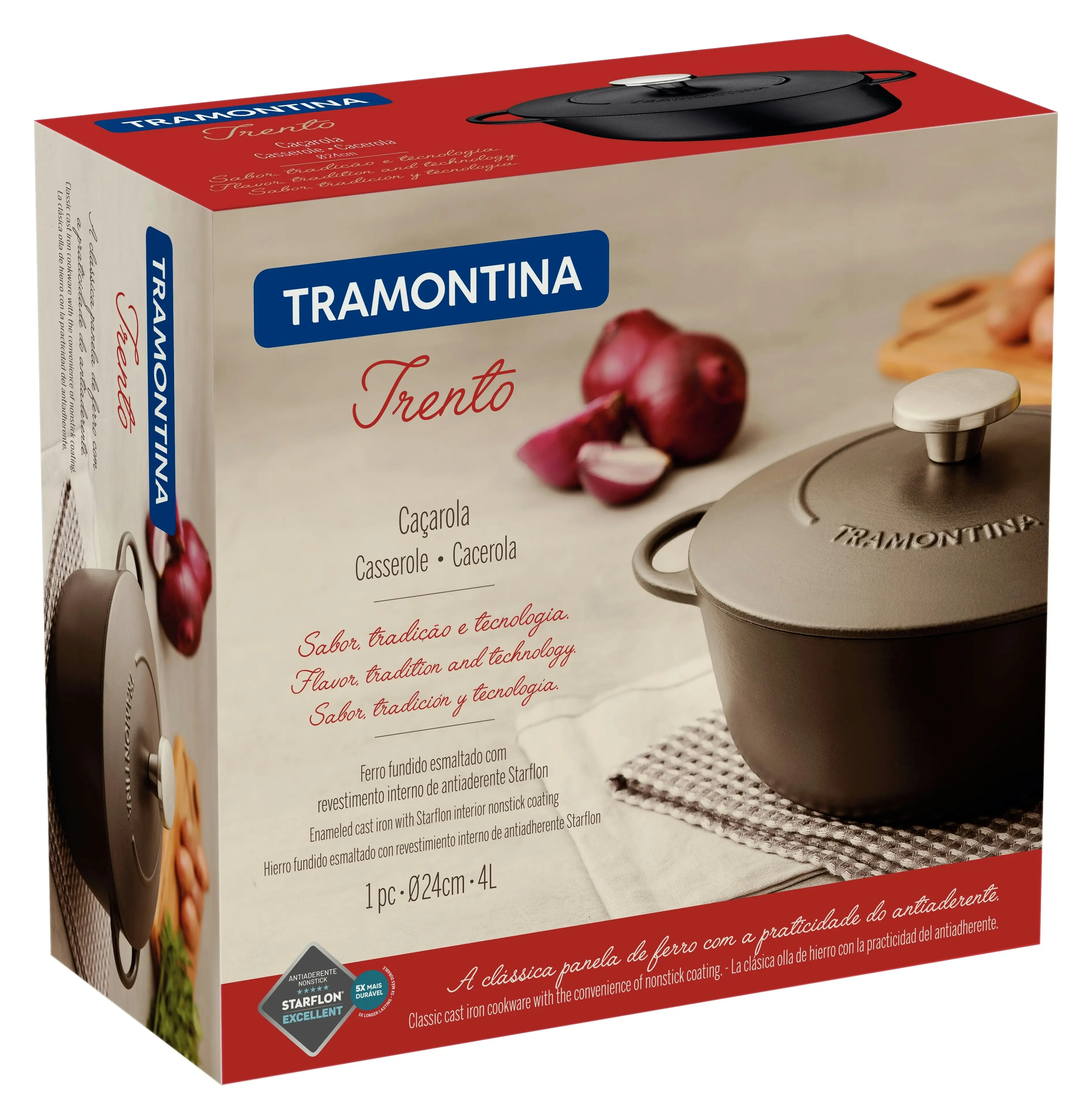 Tramontina Trento Enameled Iron Casserole with Interior Starflon Excellent Nonstick Coating 24 cm 4 L