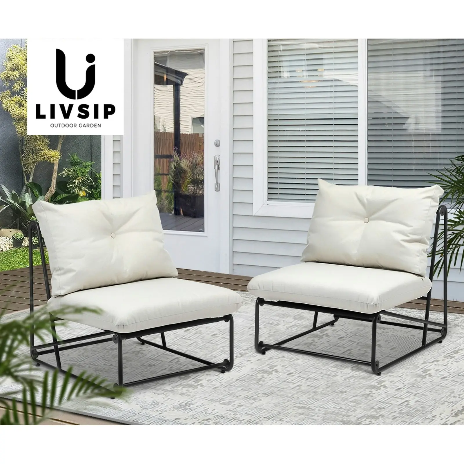 Livsip 2PCS Outdoor Dining Chairs Patio Furniture Sofa Lounge Chair with Cushion Beige