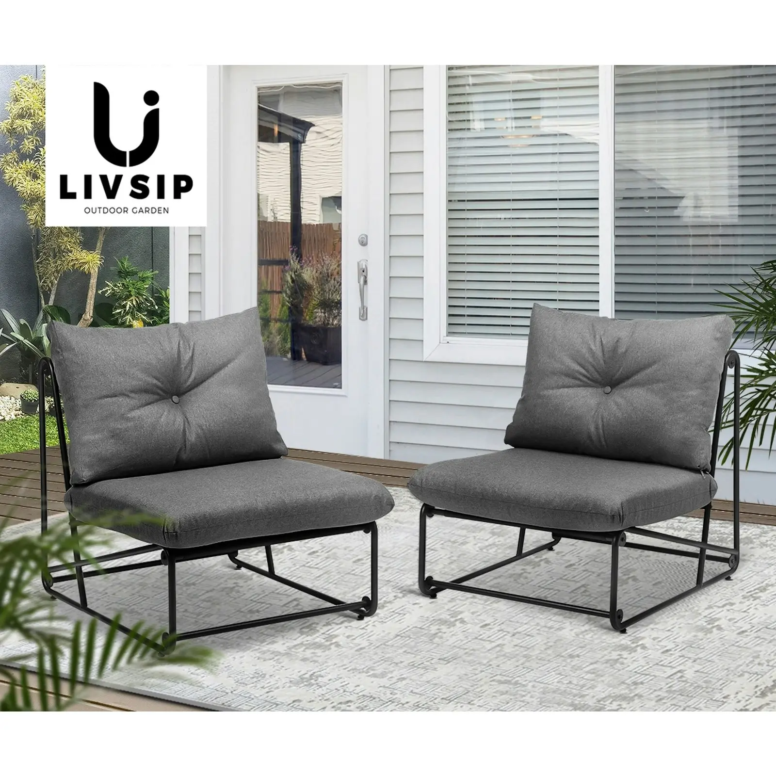 Livsip 2PCS Outdoor Dining Chairs Patio Furniture Sofa Lounge Chair with Cushion Grey