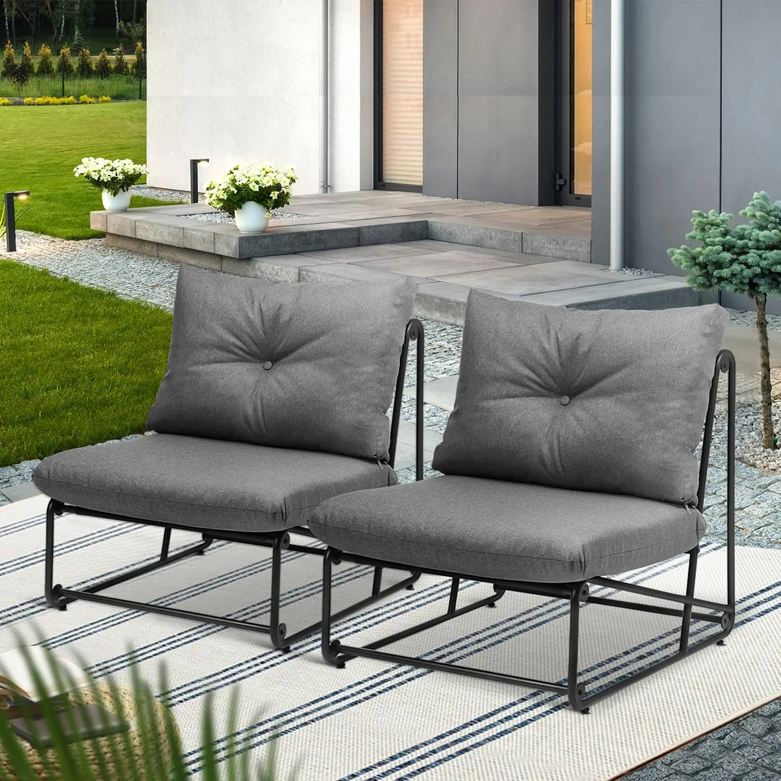 Livsip 2PCS Outdoor Dining Chairs Patio Furniture Sofa Lounge Chair with Cushion Grey