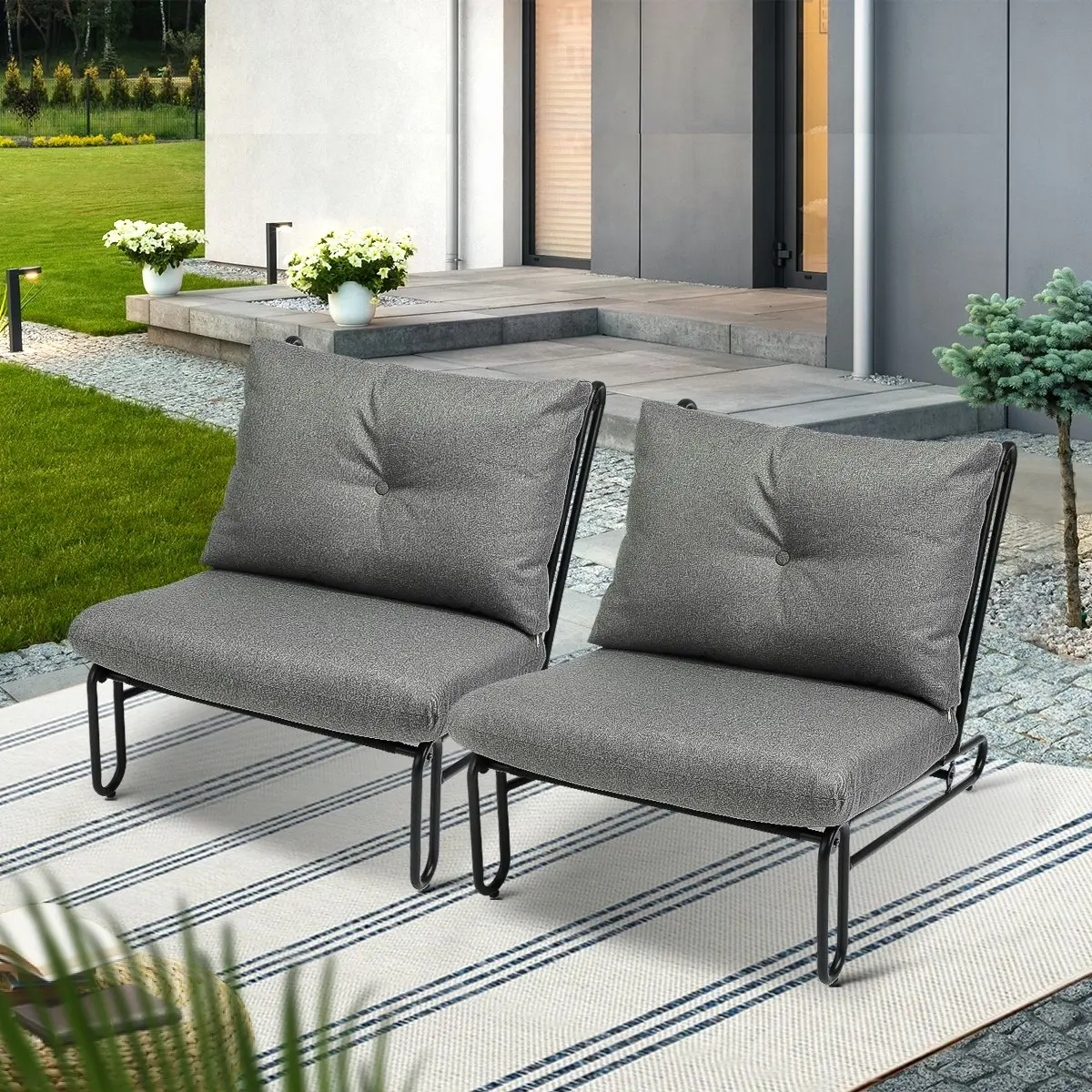 Livsip 2PCS Outdoor Lounge Chairs Patio Furniture Garden Sofa with Cushions Grey