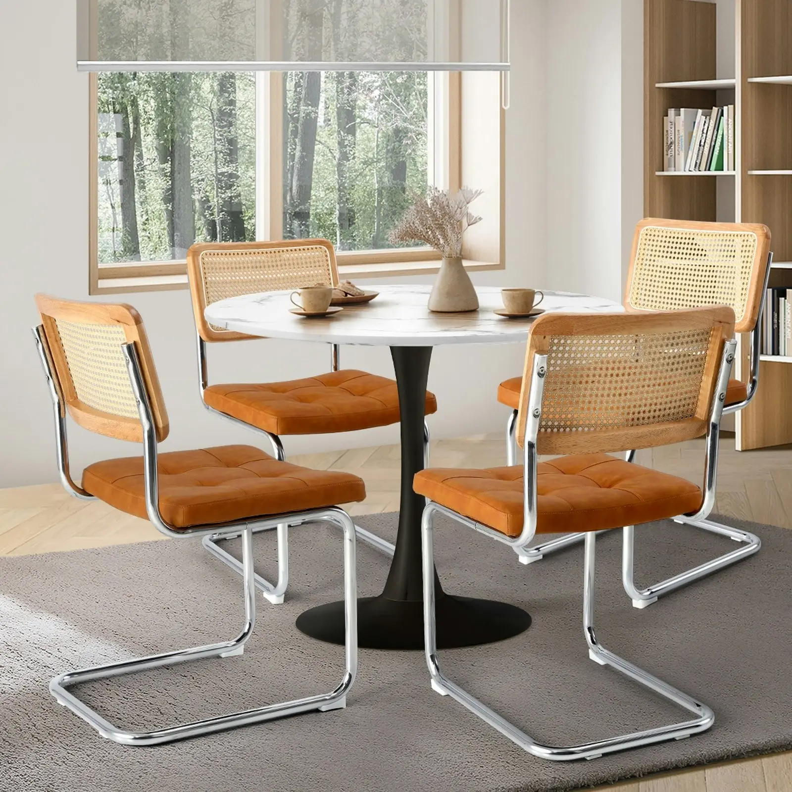 Oikiture 90cm Round Dining Table with 4PCS Dining Chairs PU Leather Brown