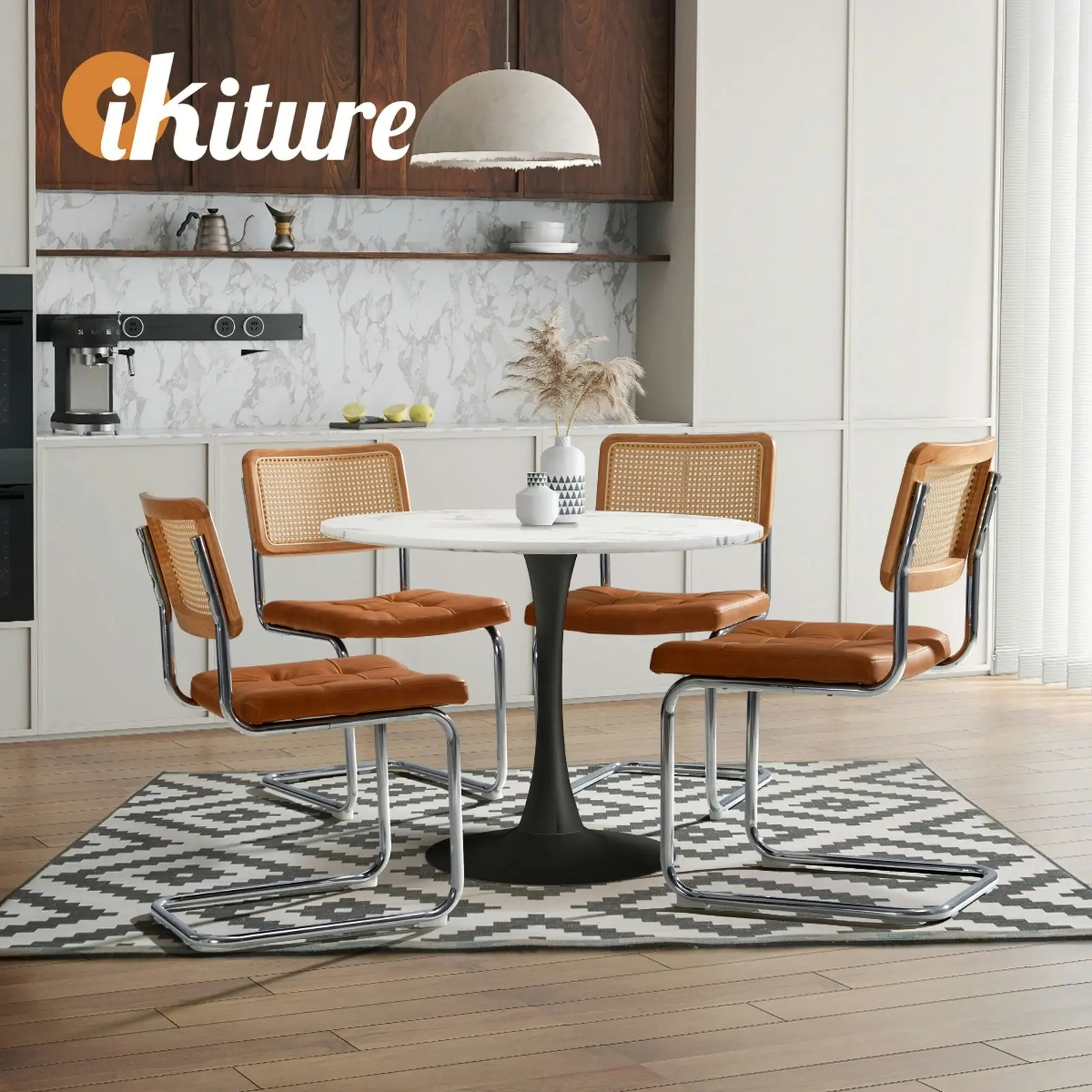 Oikiture 90cm Round Dining Table with 4PCS Dining Chairs PU Leather Brown