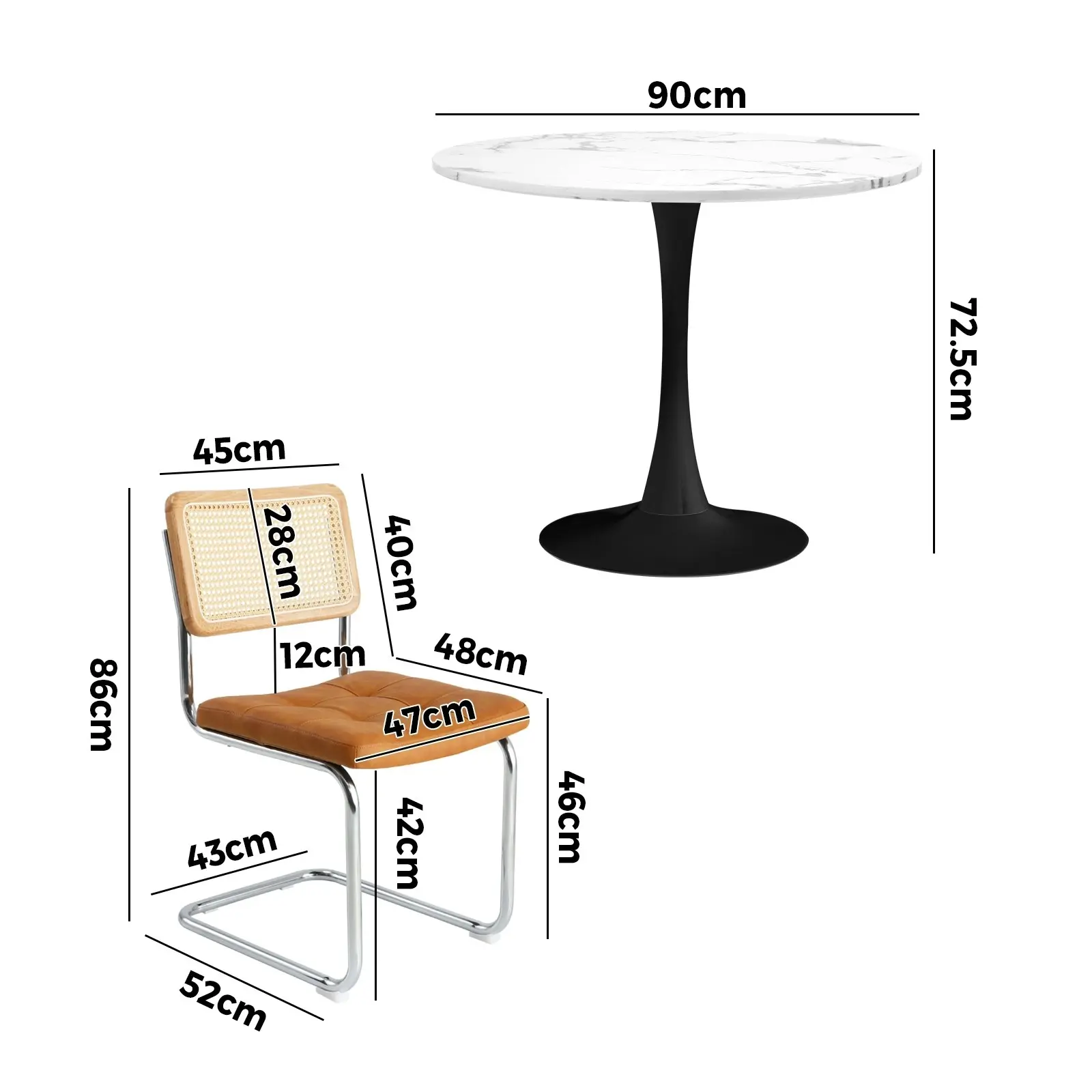 Oikiture 90cm Round Dining Table with 4PCS Dining Chairs PU Leather Brown