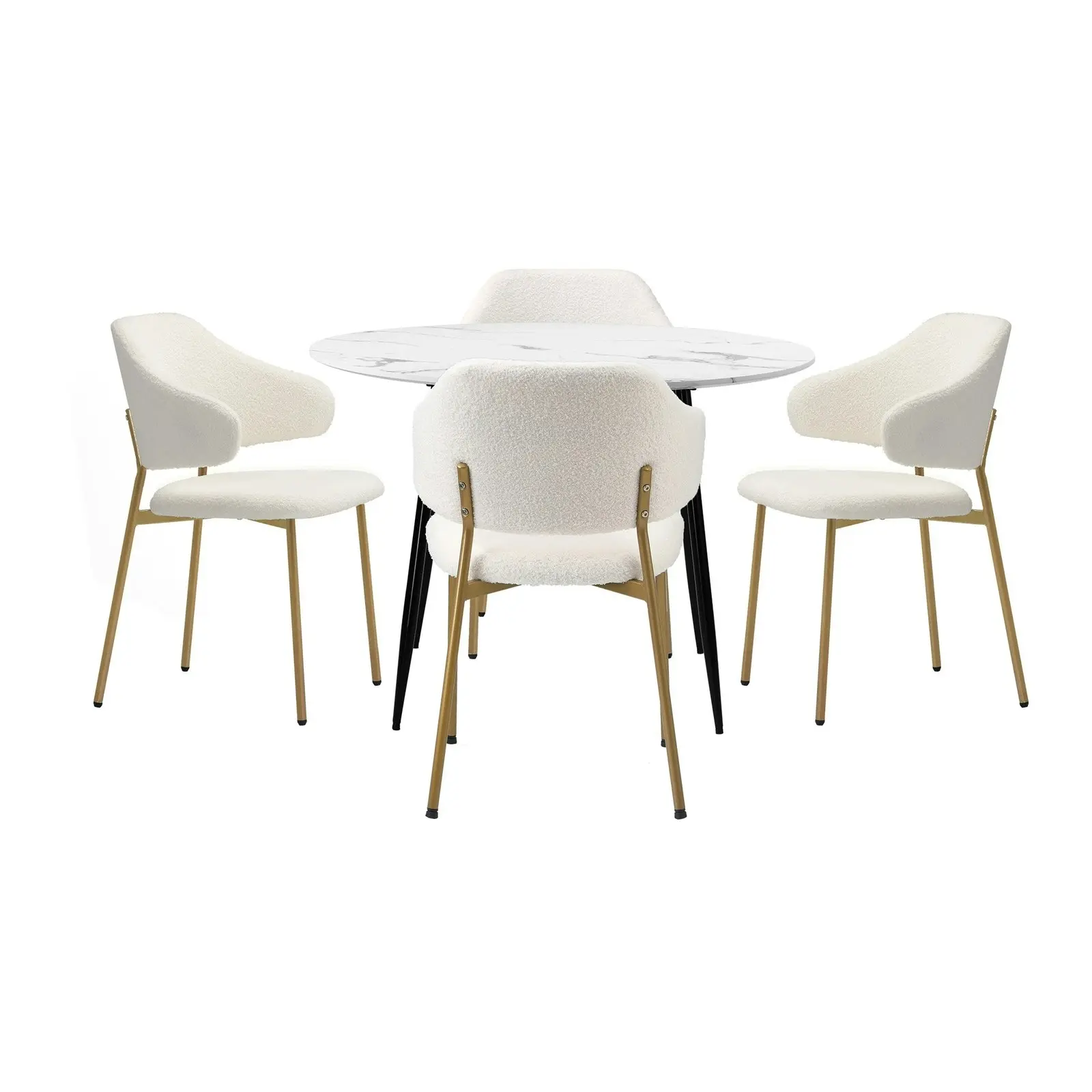 Oikiture 110cm Round Dining Table with 4PCS Dining Chairs Accent Sherpa Gold