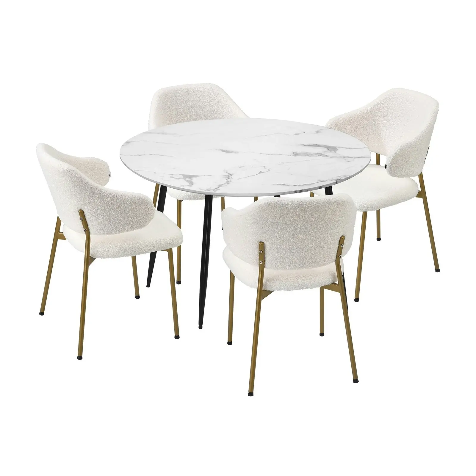 Oikiture 110cm Round Dining Table with 4PCS Dining Chairs Accent Sherpa Gold