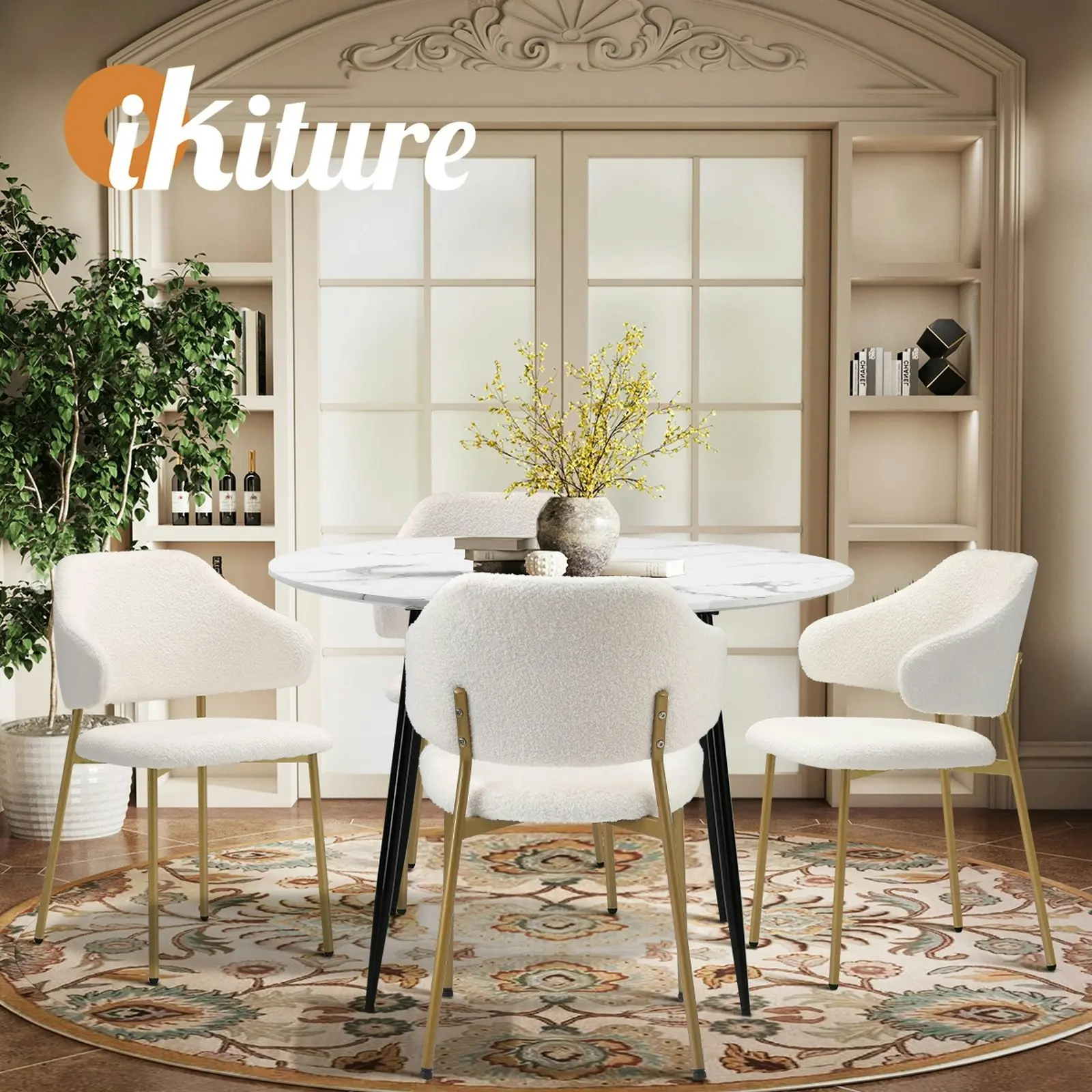 Oikiture 110cm Round Dining Table with 4PCS Dining Chairs Accent Sherpa Gold