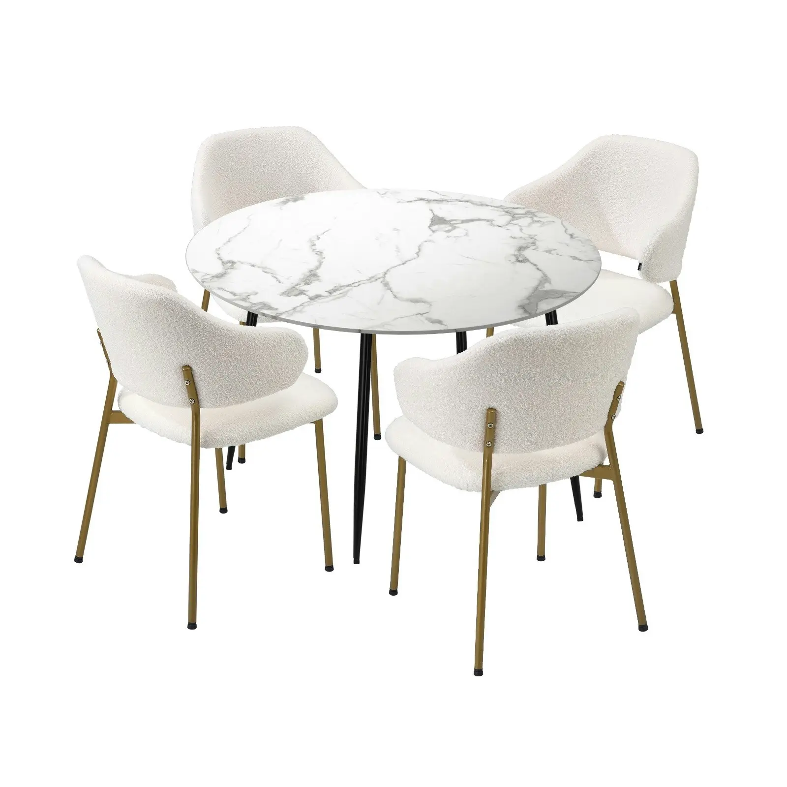 Oikiture 110cm Round Dining Table with 4PCS Dining Chairs Accent Sherpa Gold