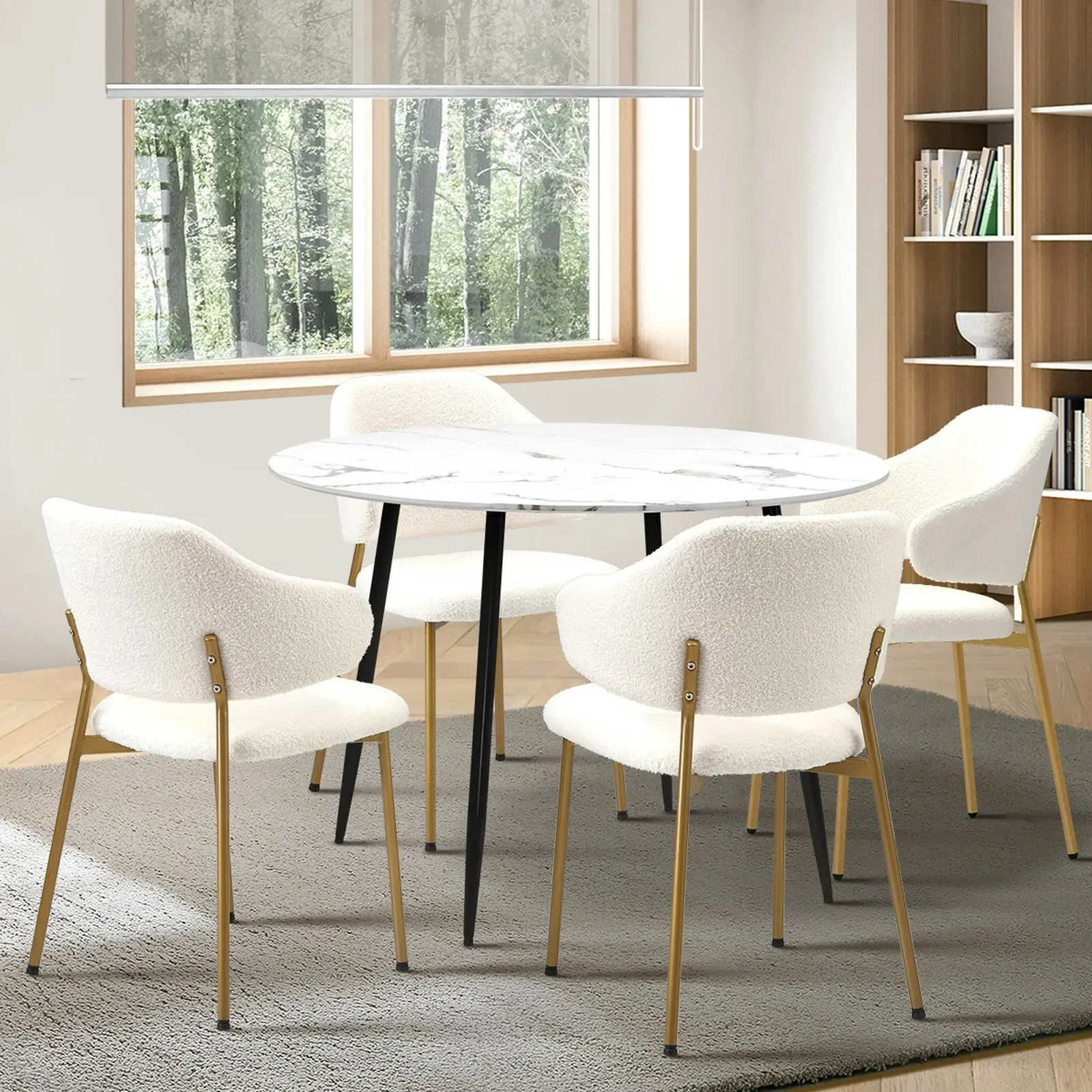 Oikiture 110cm Round Dining Table with 4PCS Dining Chairs Accent Sherpa Gold