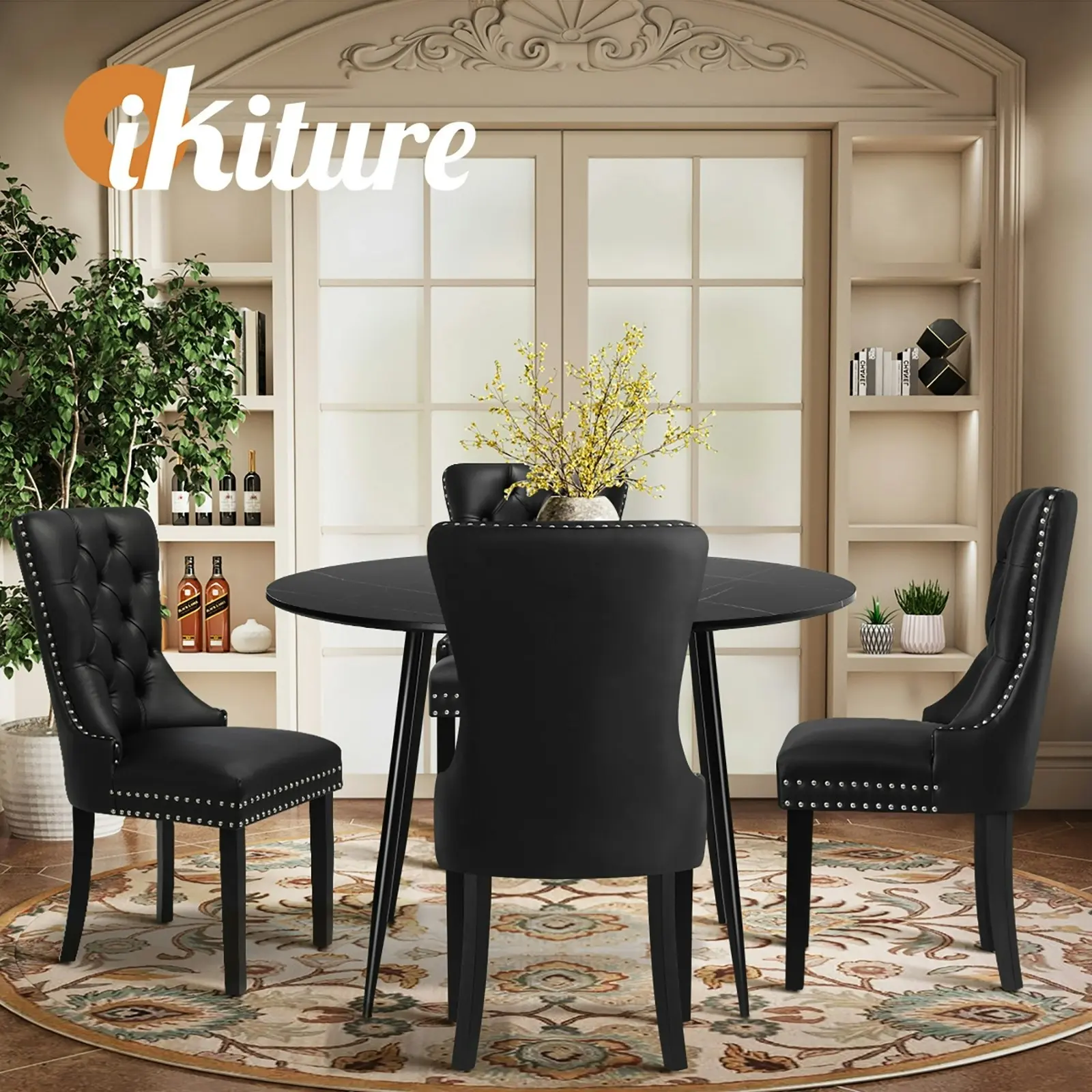 Oikiture 110cm Round Dining Table with 4PCS Dining Chairs Velvet Black