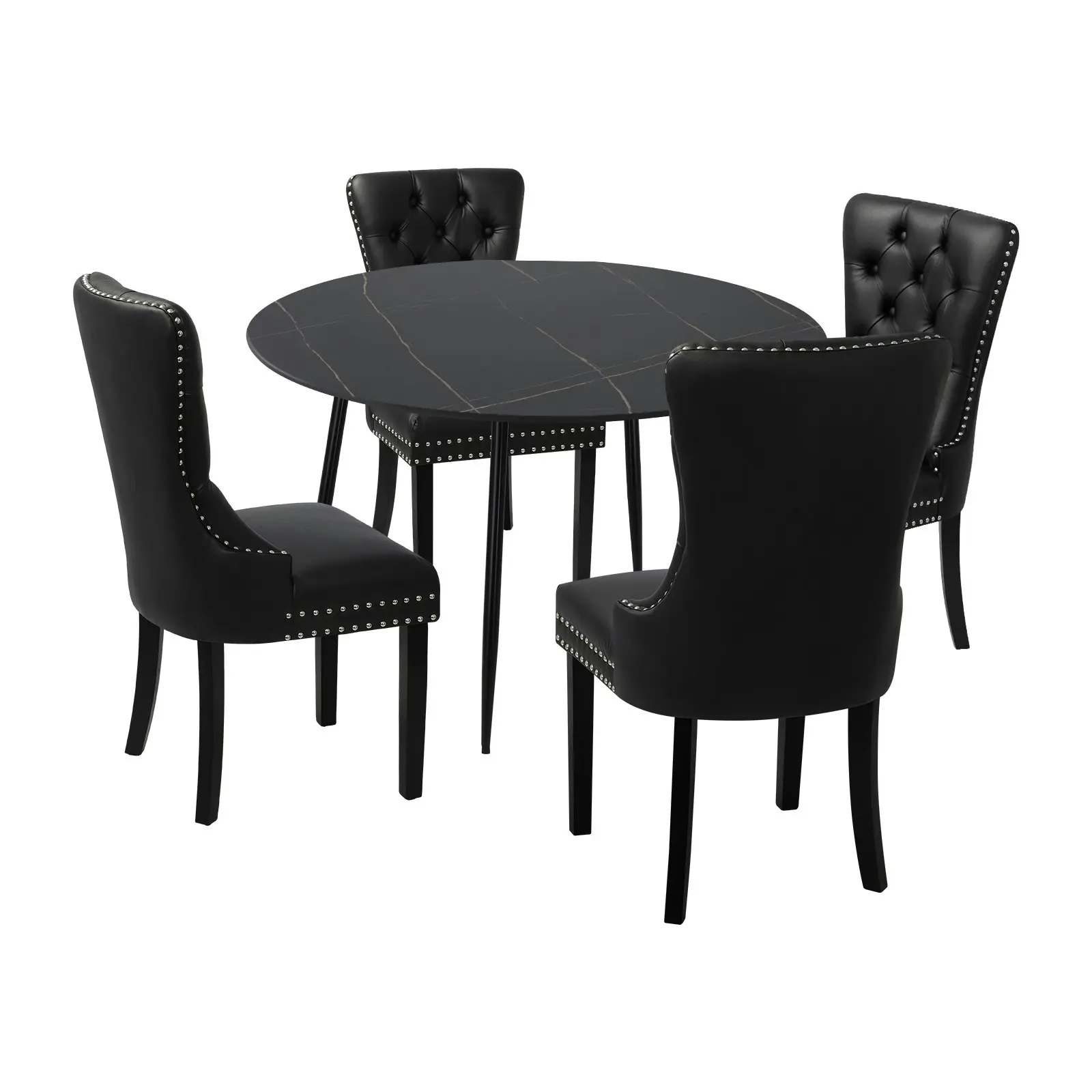 Oikiture 110cm Round Dining Table with 4PCS Dining Chairs Velvet Black