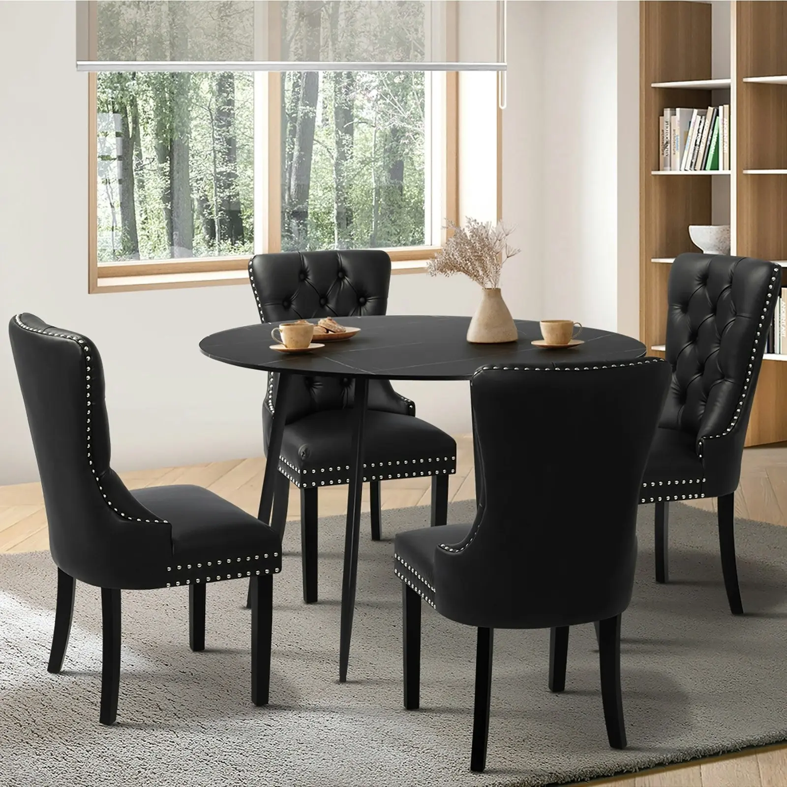 Oikiture 110cm Round Dining Table with 4PCS Dining Chairs Velvet Black