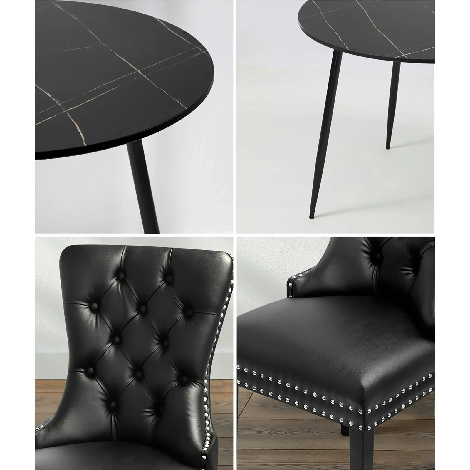 Oikiture 110cm Round Dining Table with 4PCS Dining Chairs Velvet Black