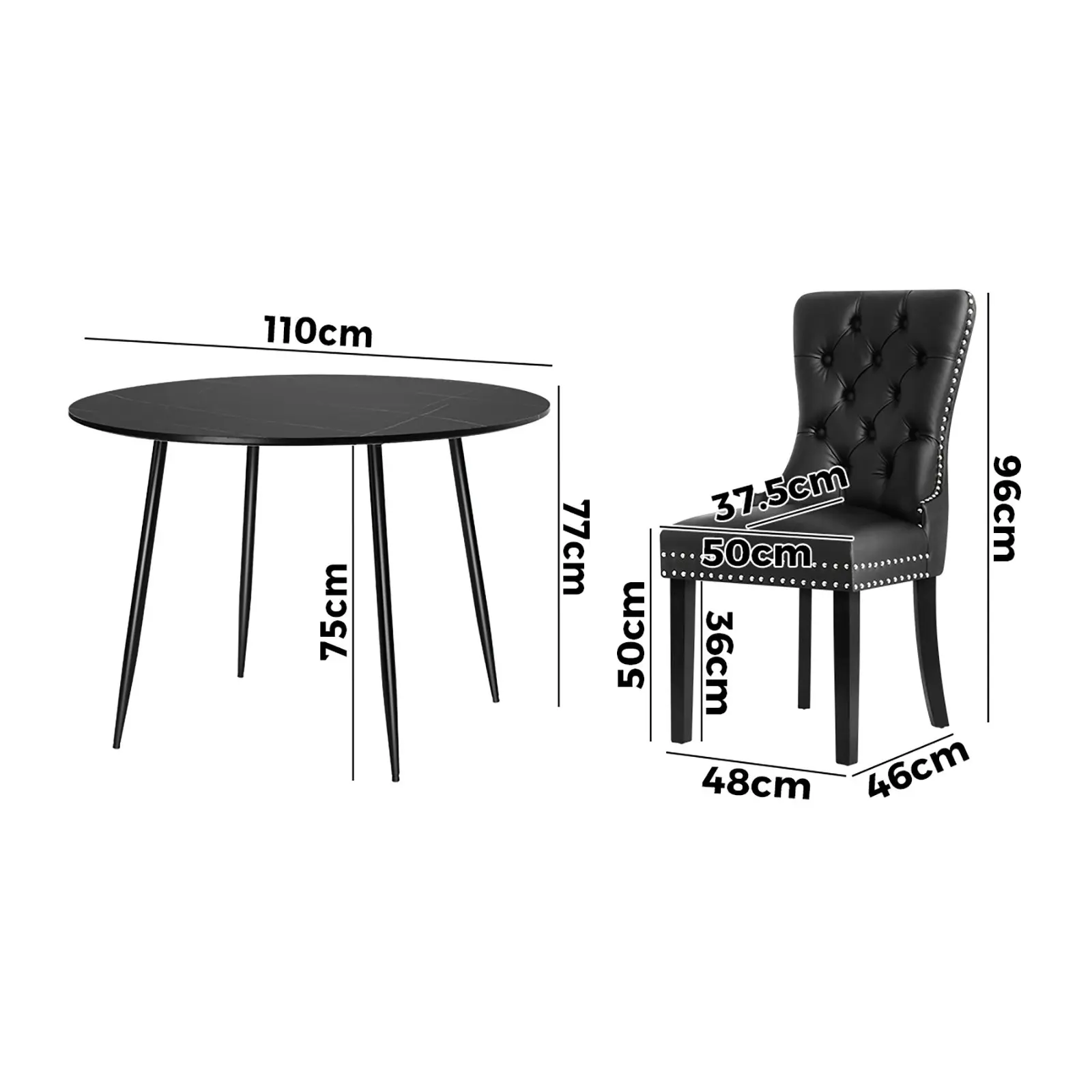 Oikiture 110cm Round Dining Table with 4PCS Dining Chairs Velvet Black