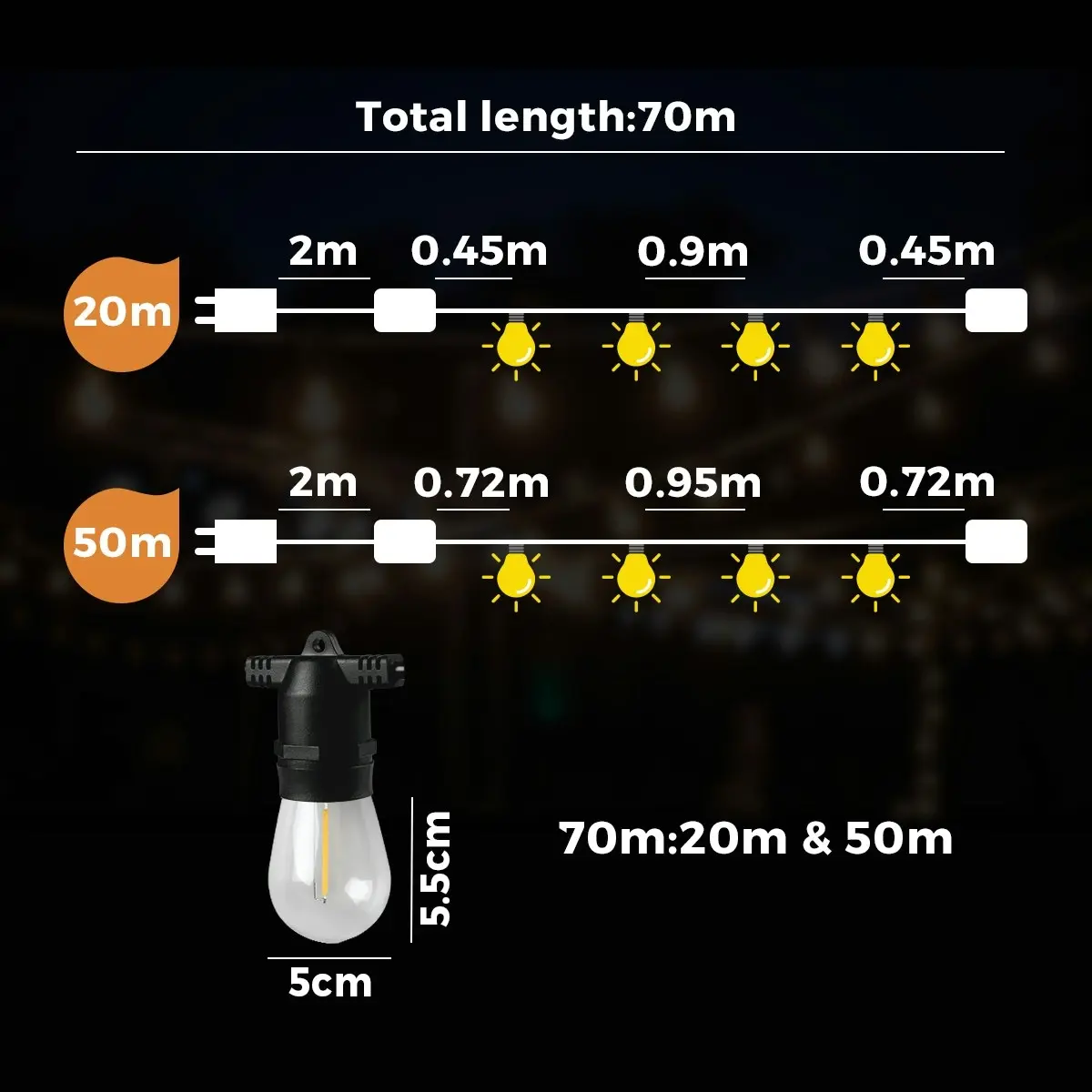 Mazam 70M LED Festoon String Lights Christmas Wedding Party Outdoor Waterproof