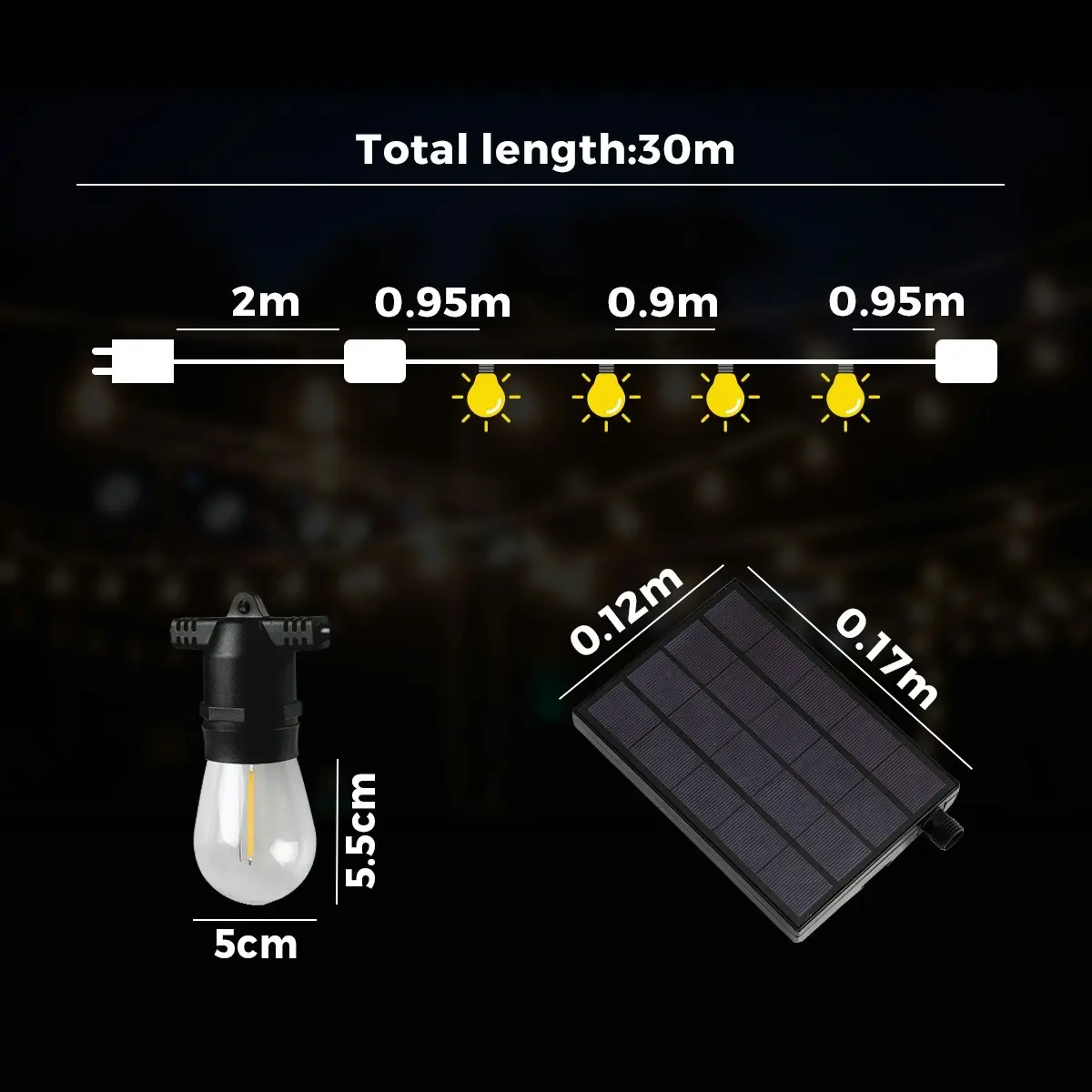 Mazam 30M Solar LED Festoon String Lights Christmas Waterproof Outdoor Garden