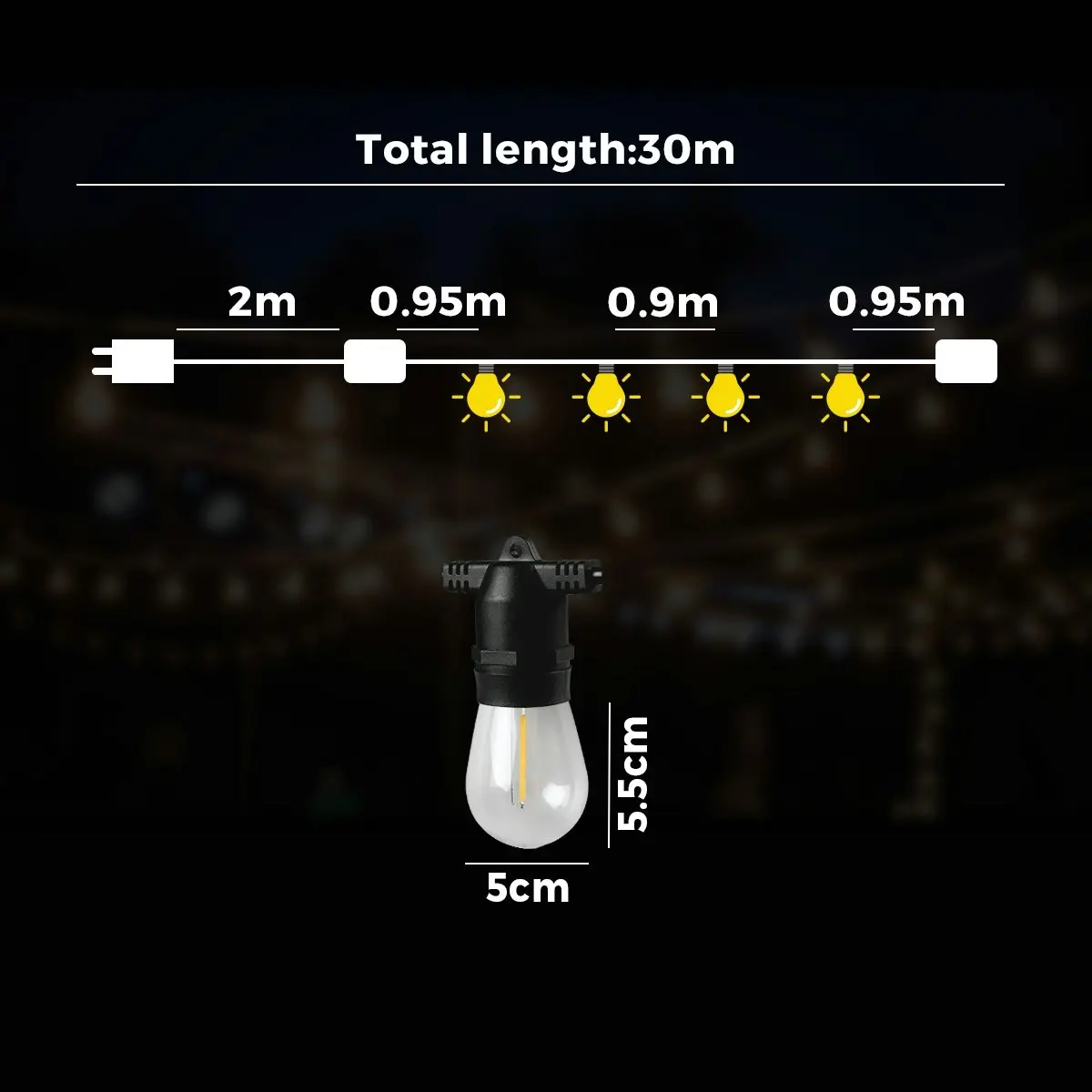 Mazam 30M LED Festoon String Lights Christmas Wedding Party Outdoor Waterproof