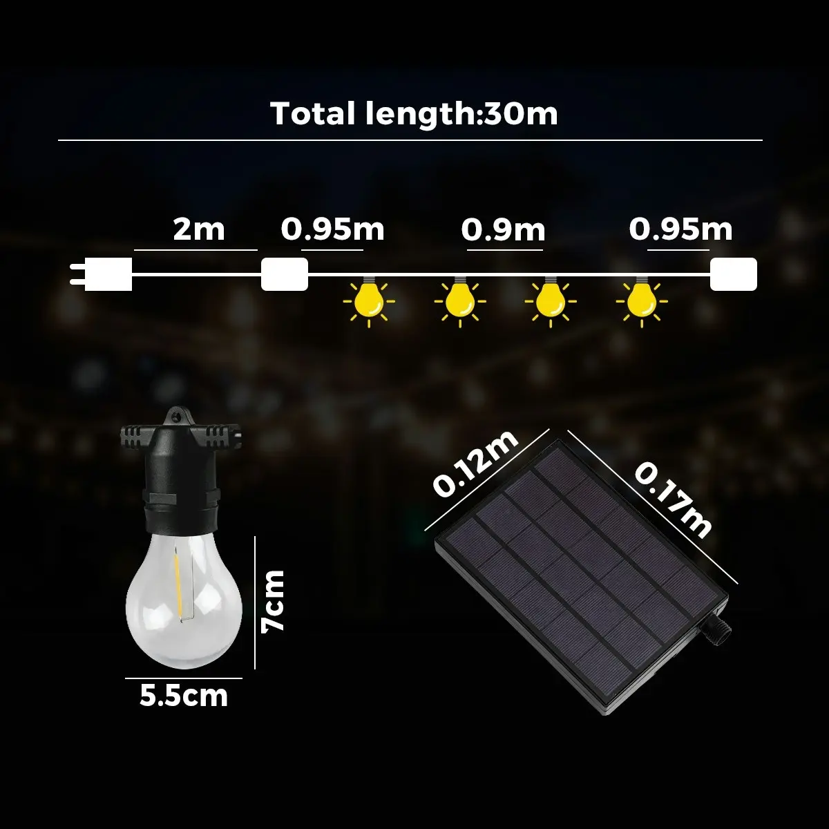 Mazam 30M Solar Festoon String Lights LED Christmas Waterproof Outdoor Party