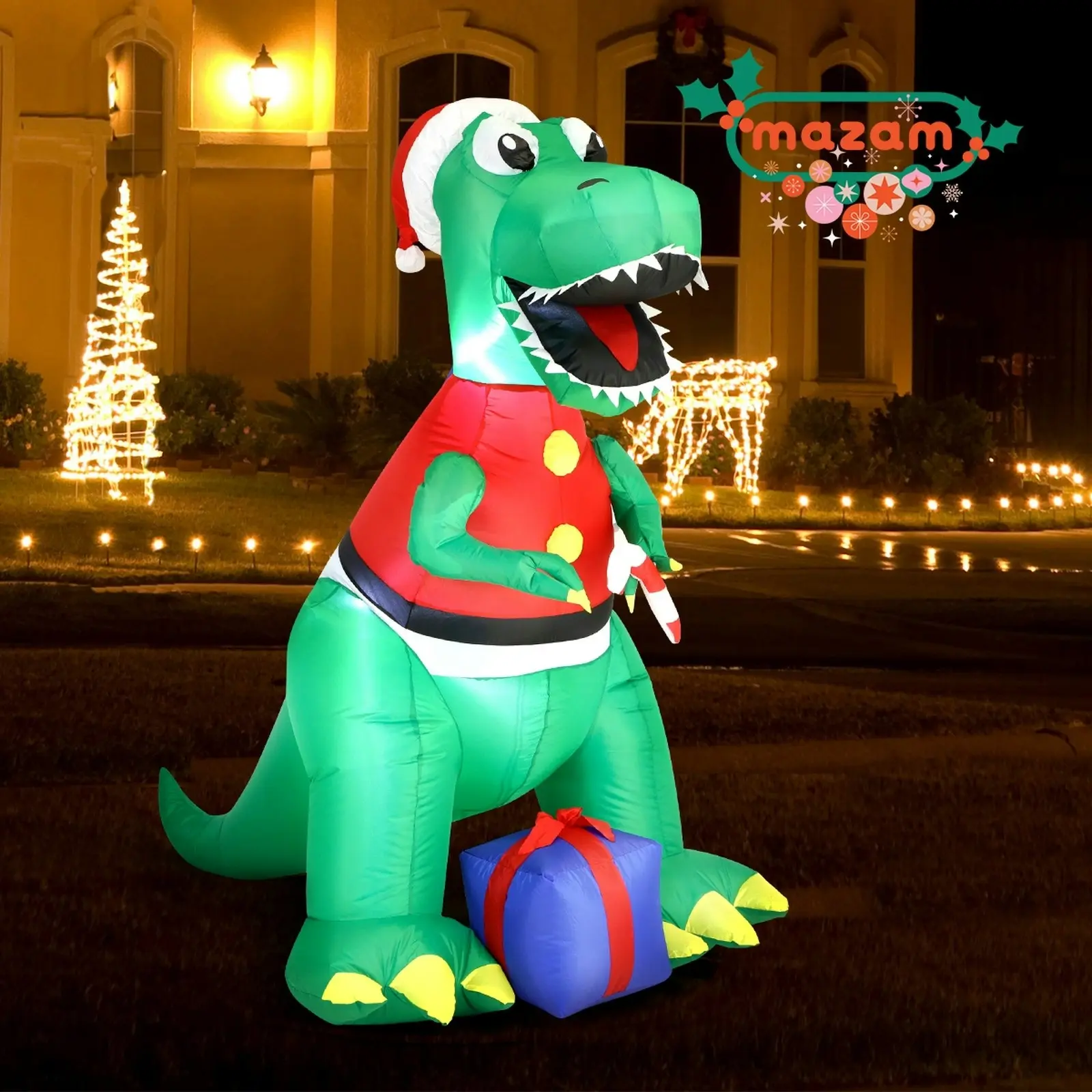 Mazam 2PCS Christmas Inflatable Dinosaur 1.8M Xmas LED Lights Outdoor Decoration