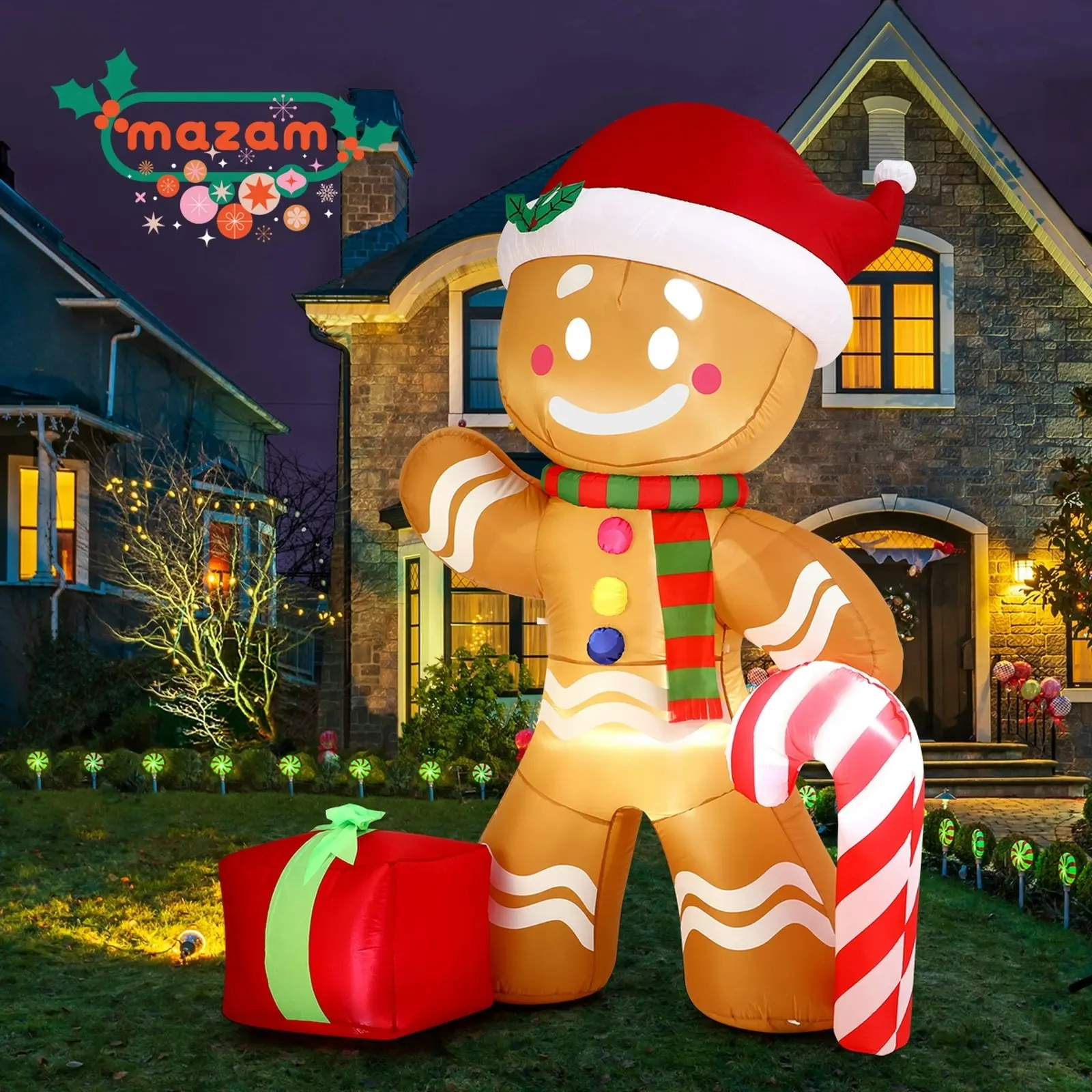 Mazam 2PCS 2.4M Christmas Inflatable Gingerbread Man LED Lights Outdoor Decor