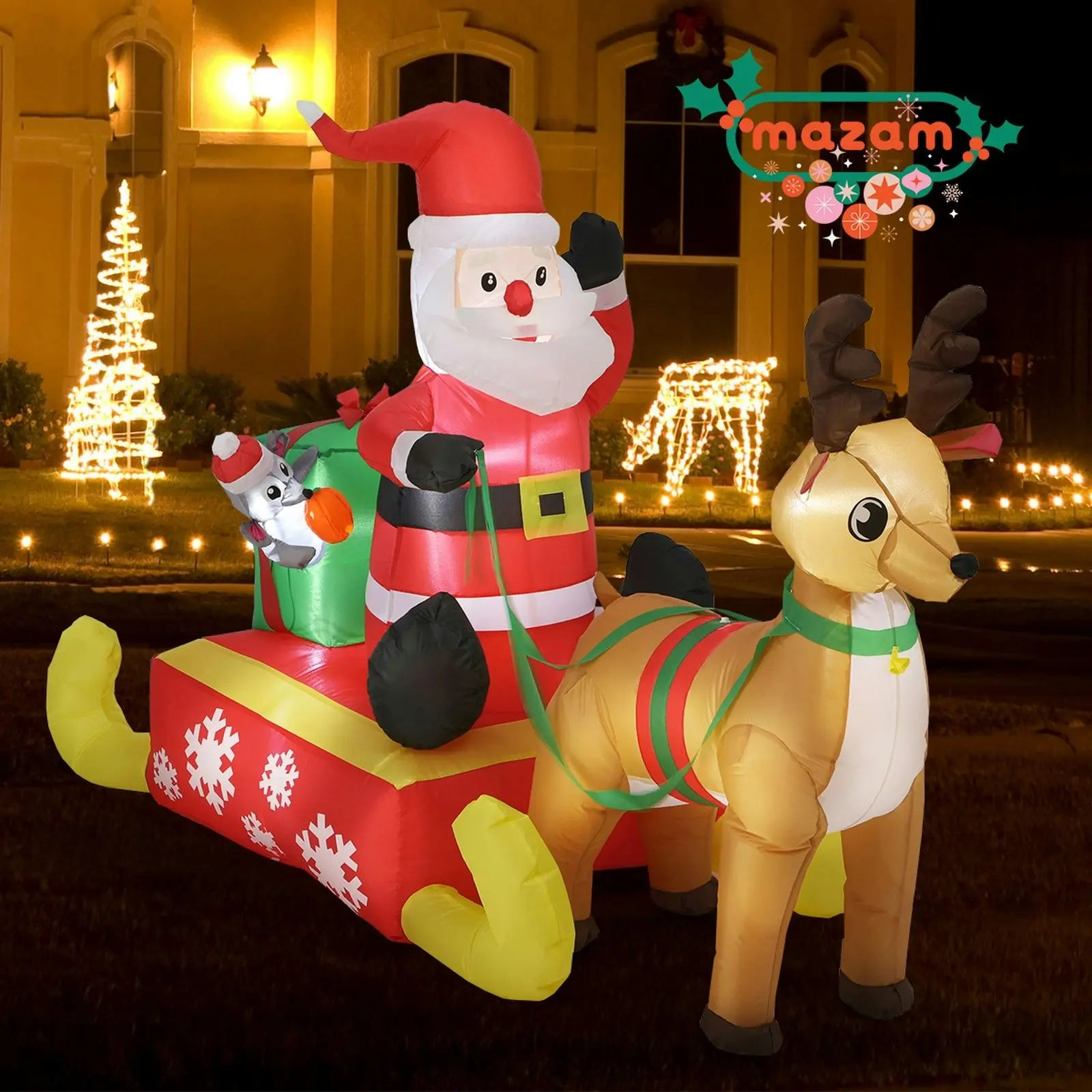 Mazam 2PCS Christmas Inflatable Santa Reindeer 1.8M Xmas LED Light Outdoor Decor