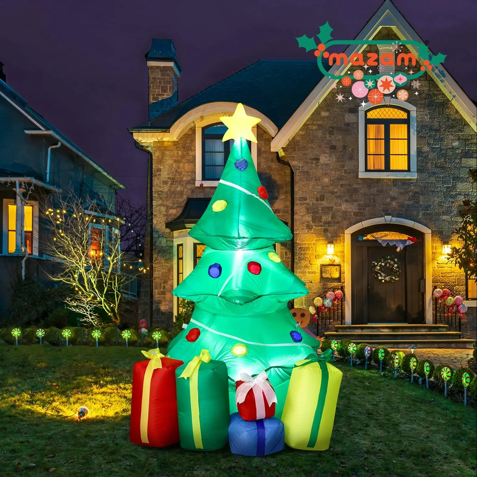 Mazam 2PCS Christmas Inflatable Tree Gifts 1.5M Xmas Decor LED Lights Outdoor