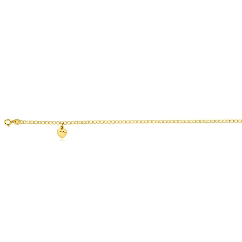 9ct Yellow Gold Silver Filled Heart Drop 27cm Curb Anklet