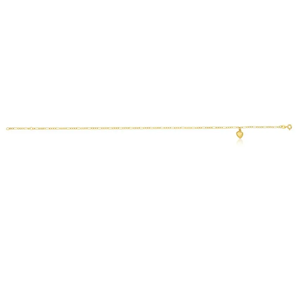 9ct Yellow Gold Heart Charm 3:1 Figaro 29cm Anklet