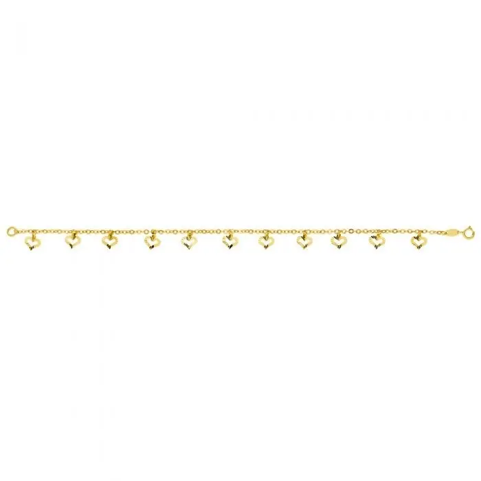 9ct Yellow Gold Belcher 19 cm Bracelet with 11 diamond Cut Heart Charms