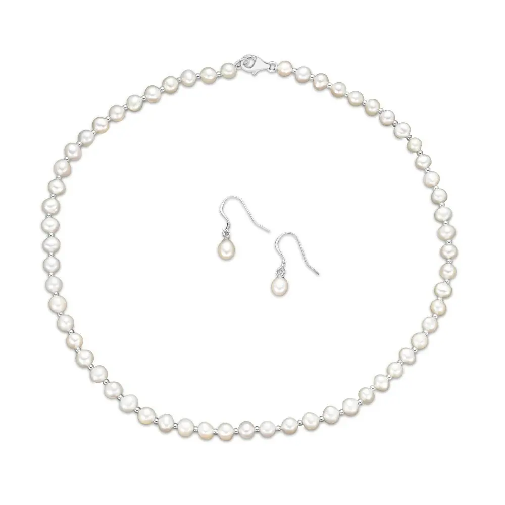 Sterling Silver White Freshwater Pearl Chain & Earring Boxed Set