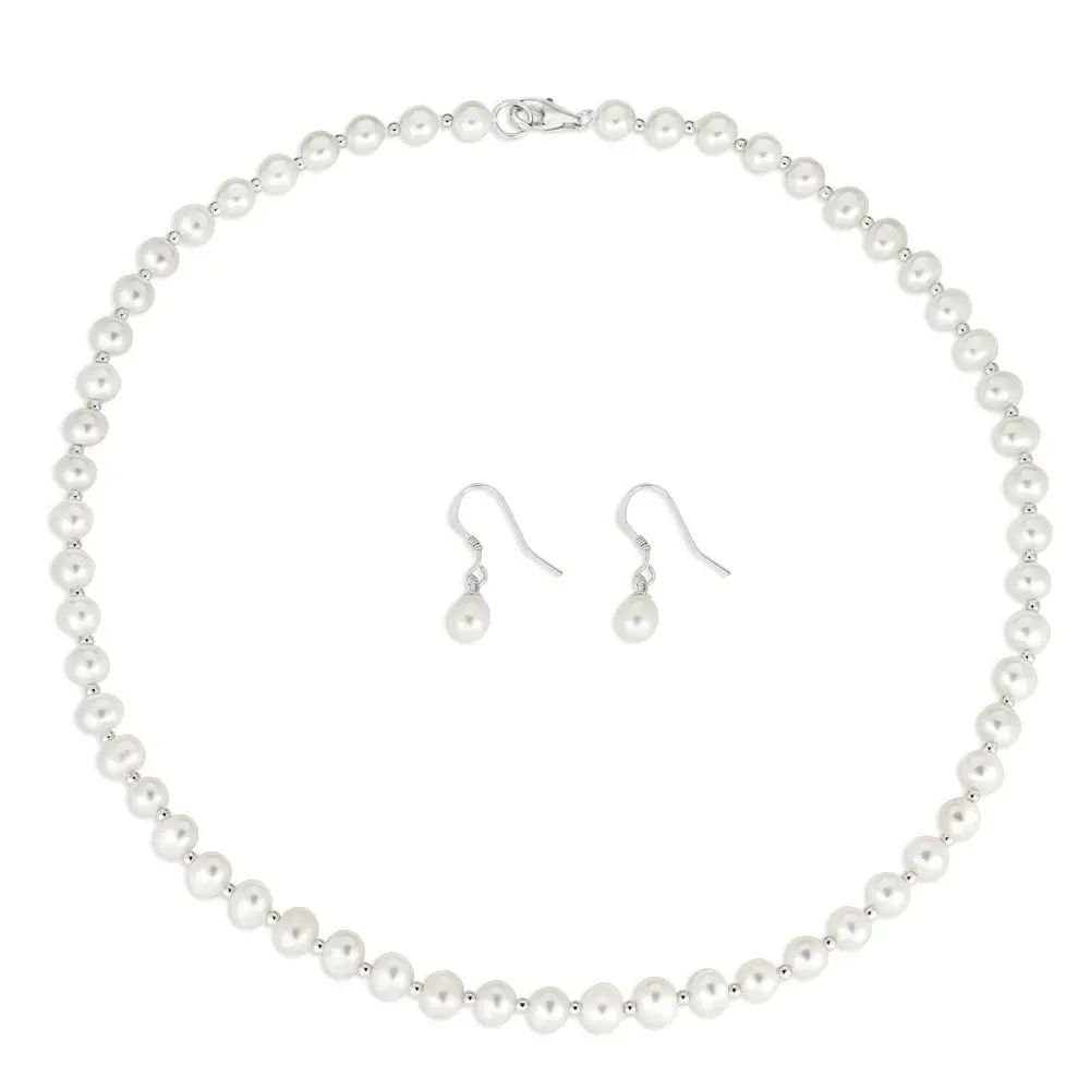 Sterling Silver White Freshwater Pearl Chain & Earring Boxed Set