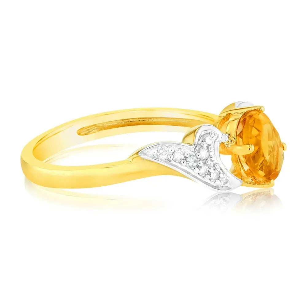 9ct Yellow & White Gold Two Tone Natural Citrine And Diamond Ring