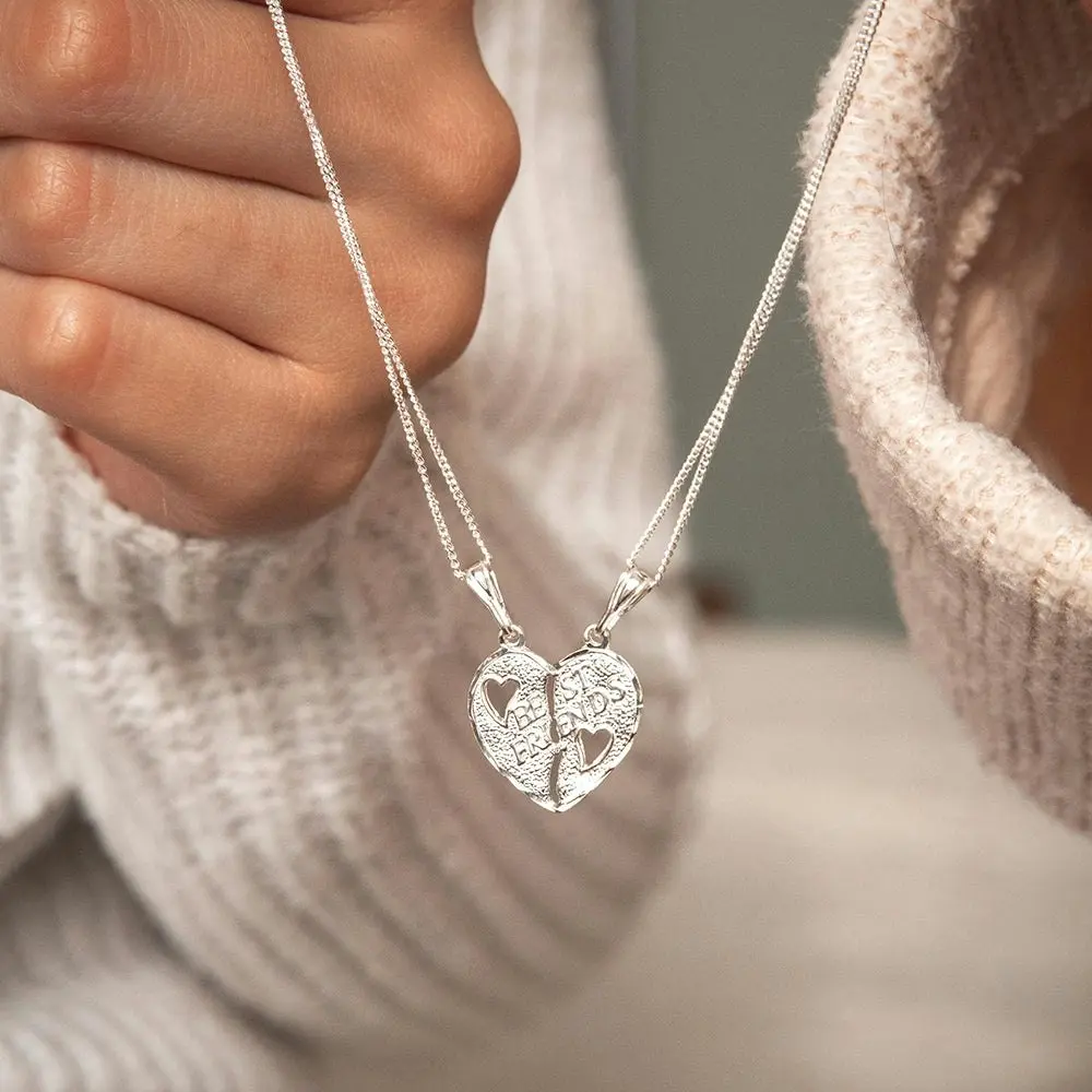 Sterling Silver Best Friend Heart Break Pendant With 45cm Chain