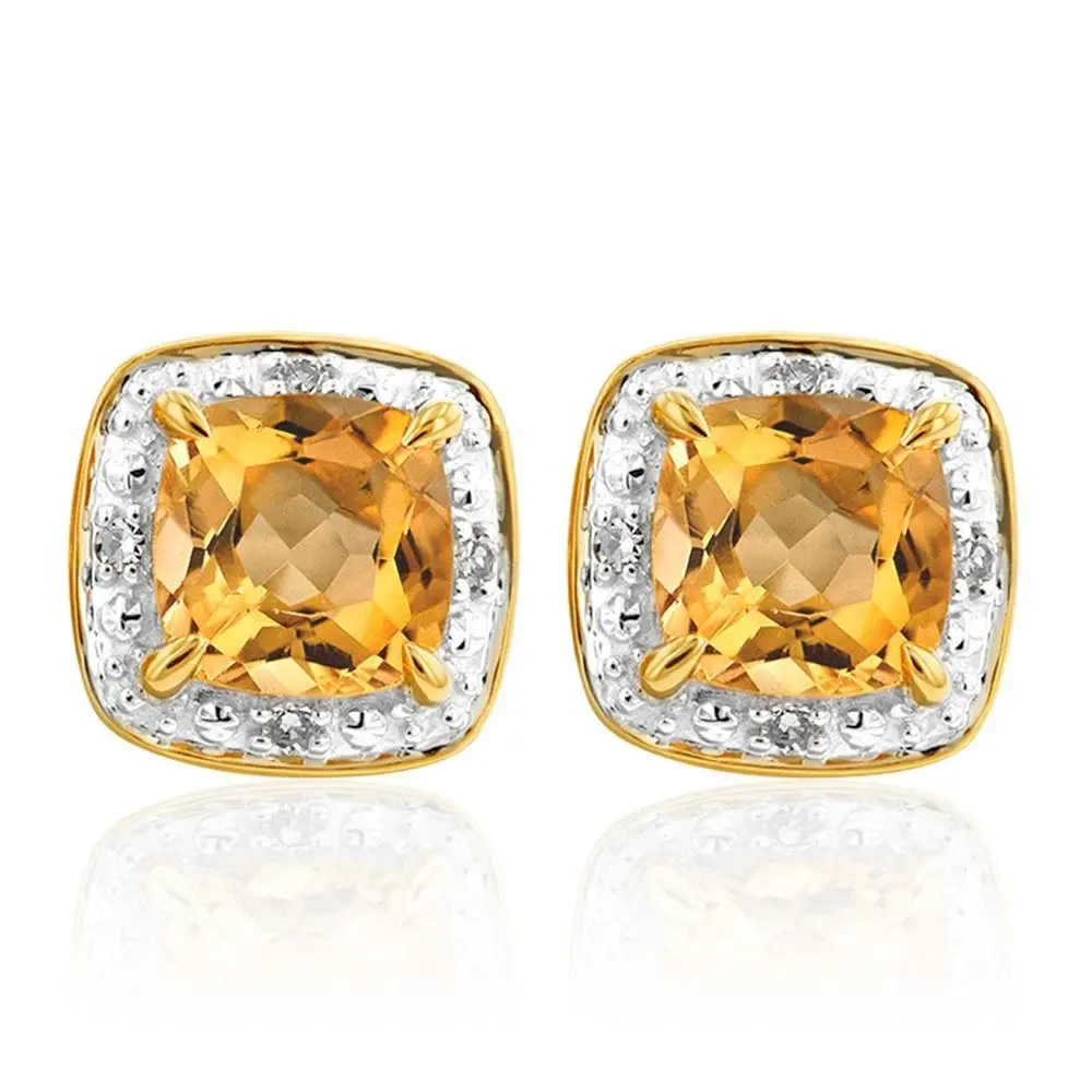 9ct Yellow Gold 5mm 0.50ct Citrine and Diamond Cushion Cut Stud Earrings