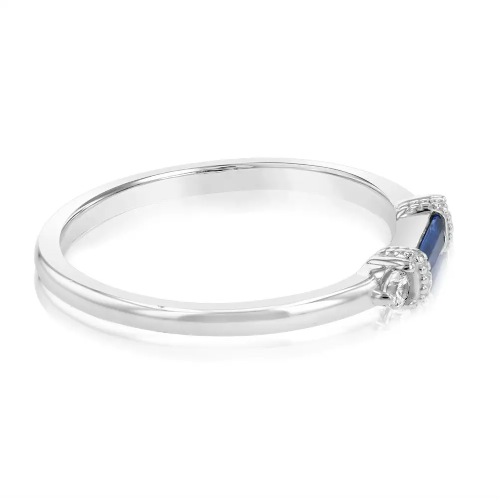 Sterling Silver Rhodium Plated Sapphire White Cubic Zirconia Ring