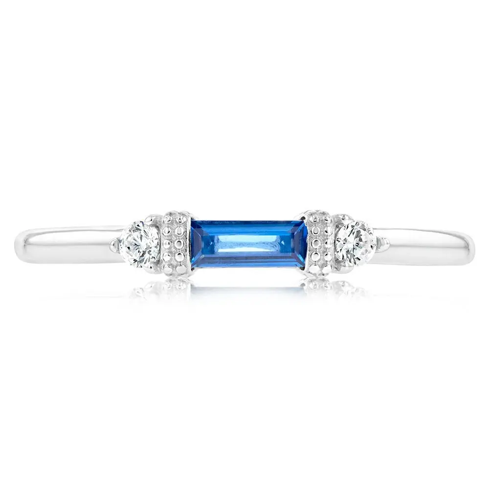 Sterling Silver Rhodium Plated Sapphire White Cubic Zirconia Ring