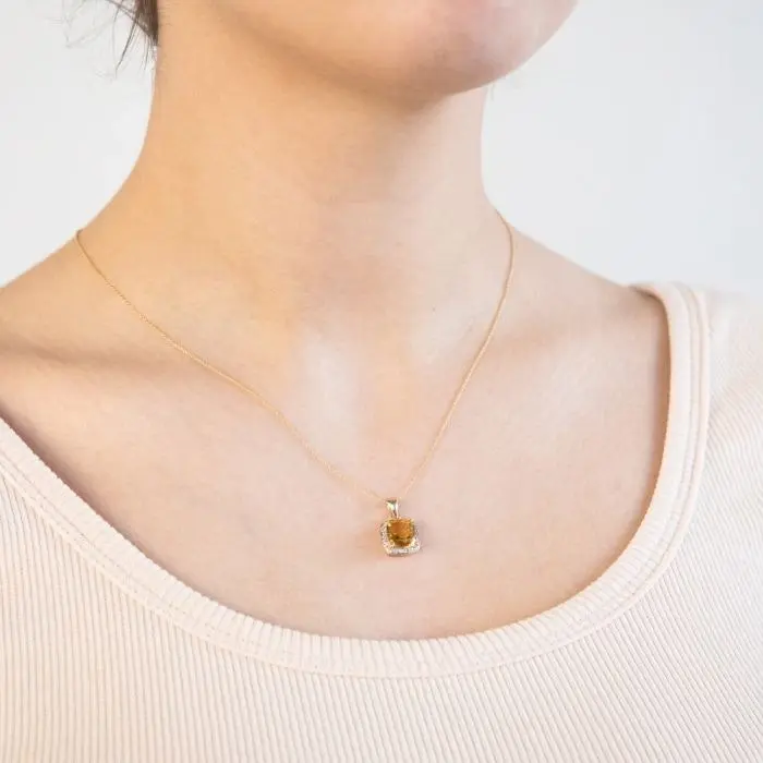 9ct Yellow Gold 8mm 2.00ct Citrine and Diamond Cushion Cut Pendant