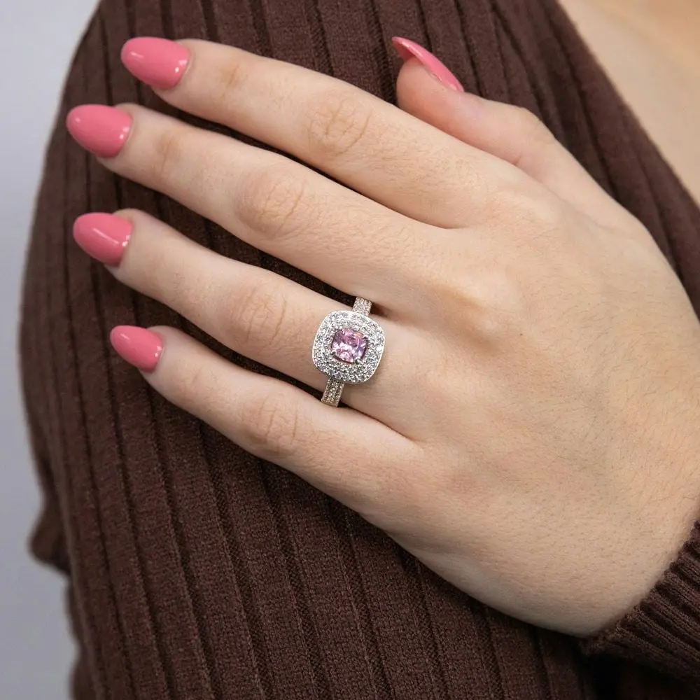 Sterling Silver Rhodium Plated White & Light Pink Cubic Zirconia Cushion Ring