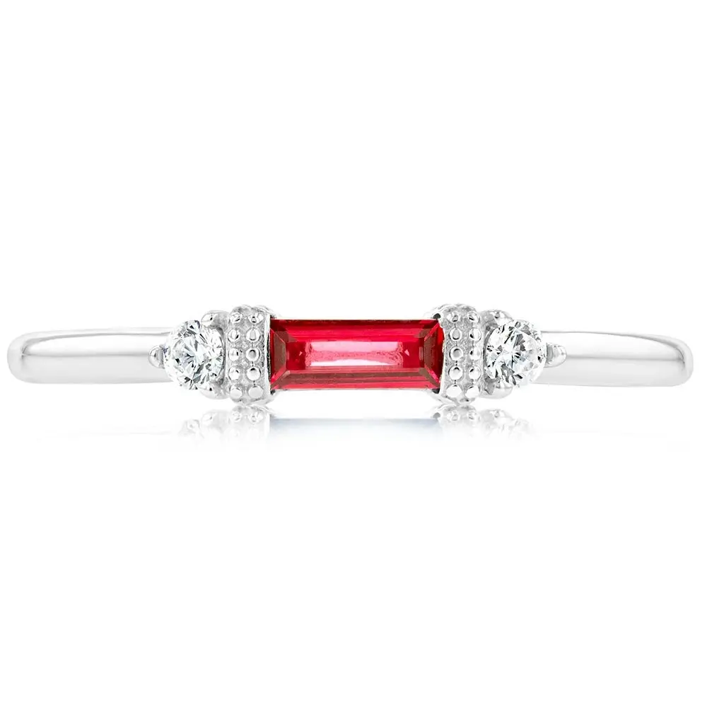 Sterling Silver Rhodium Plated Red Stone White Cubic Zirconia Ring