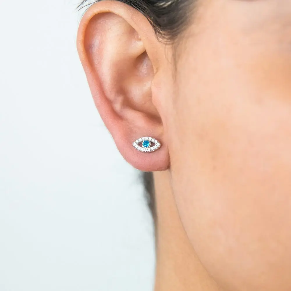 Sterling Silver Cubic Zirconia Evil Eye Stud Earrings