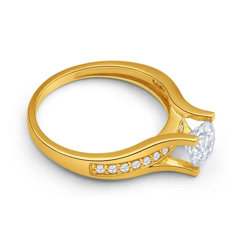 9ct Yellow Gold Round Cubic Zirconia 4 Claw and Channel Set Ring