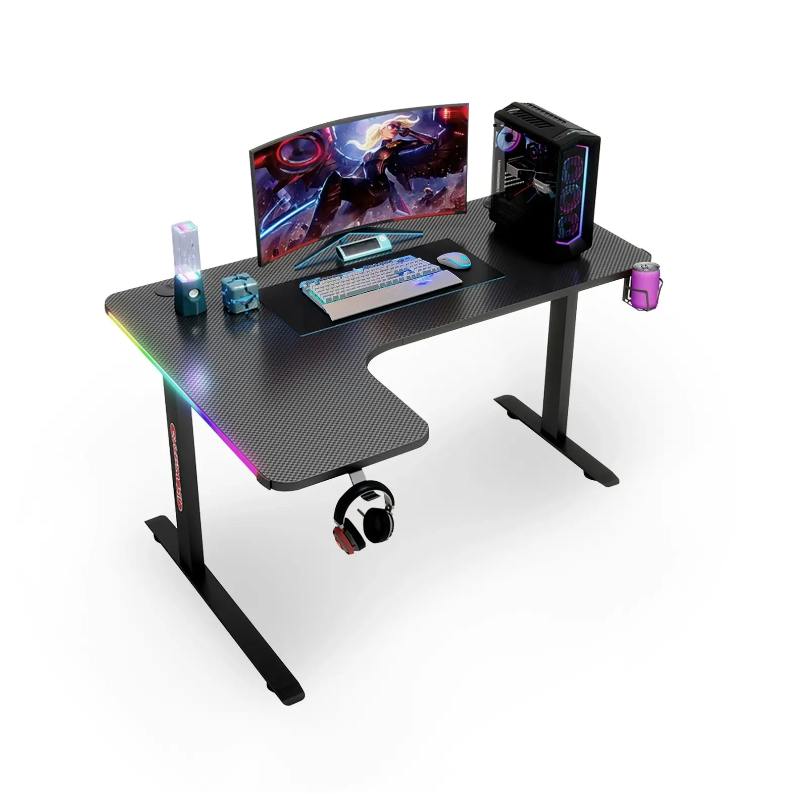 RGB LED Gaming Desk Computer Home Office Writing Desk Racer Table Carbon Fiber Table With Cup Holder and Headphone Hook